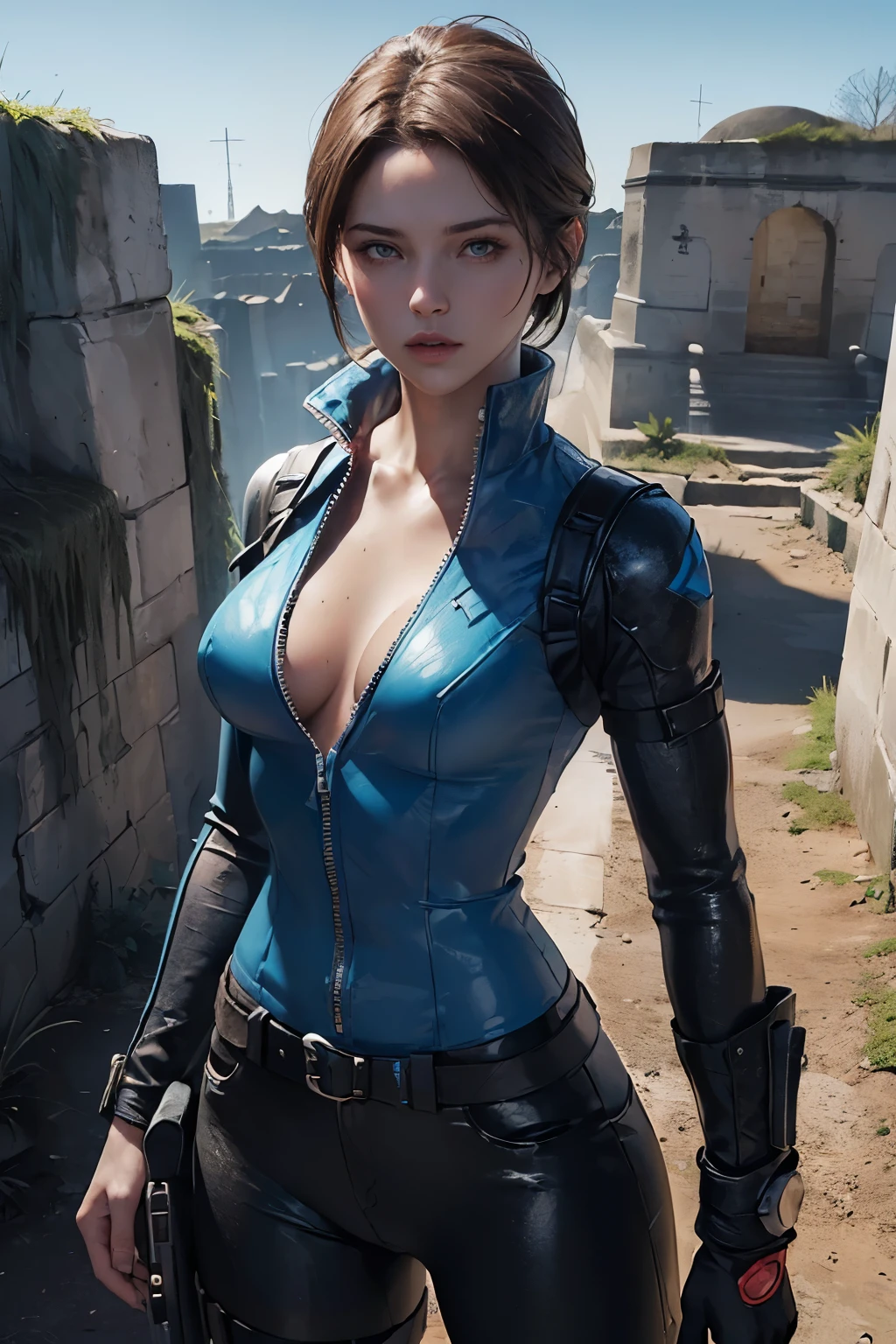 (((landscape of the catacombs))), a beautiful young explorer stood in the distance, ((wearing a jill valentine outfit))