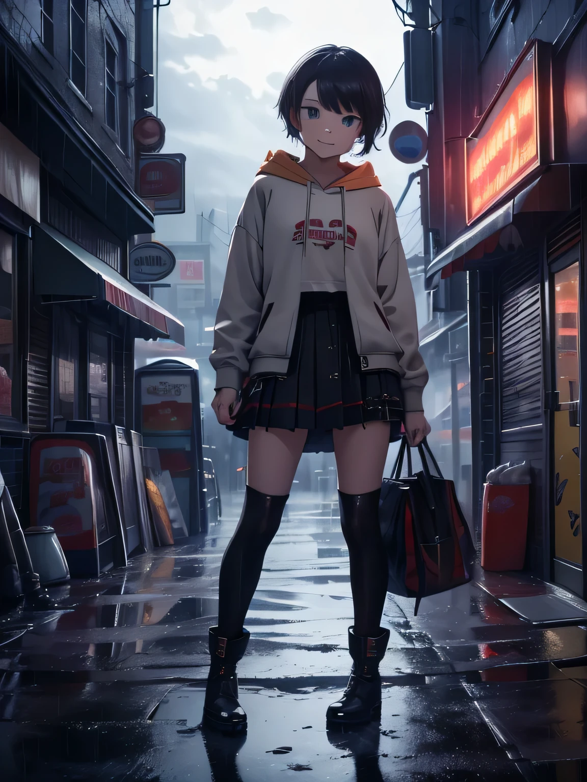 (masterpiece,highest quality:1.3),very detailed,Complex,8k,alone,smile,wallpaper,movie lighting,dark photo,hoodie, short pleated skirt,student boots, corner store,bright street lights, Seduce,dark clouds,It rained heavily, neon light