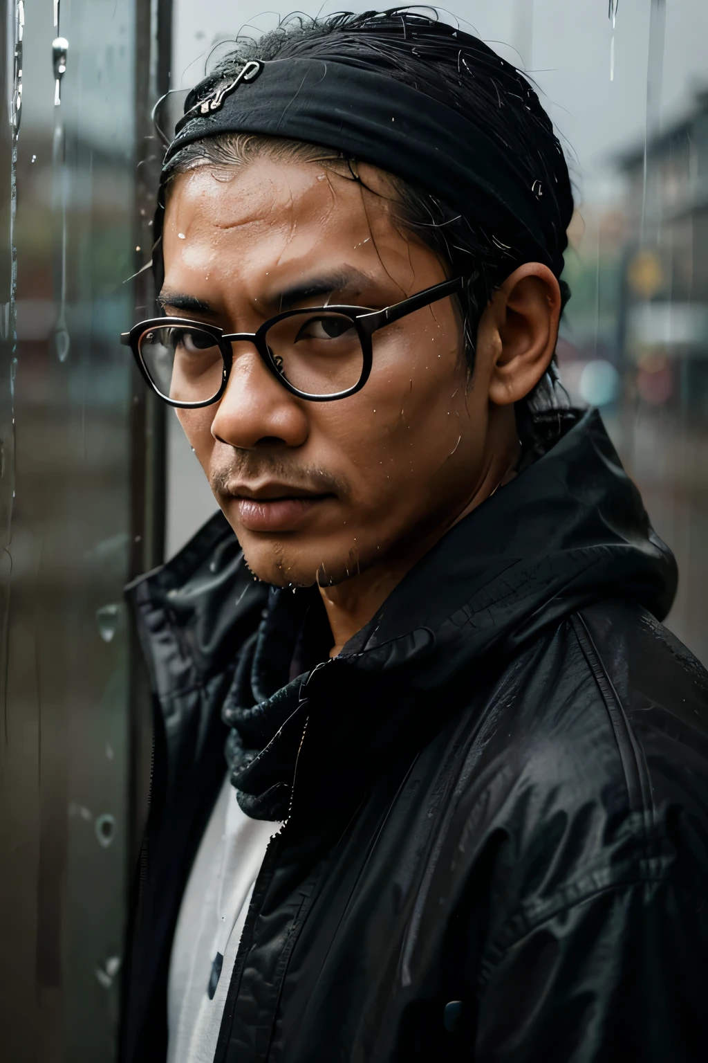 aesthetic portrait of indonesian man with glasses, bandana and black jacket. raindrops delicately clinging to lenses, soft reflections on frames, nuanced expression, wet hair framing the face, captured in a high-resolution photograph, blending realism and artistic finesse, conveying the poetry of a rainy moment.