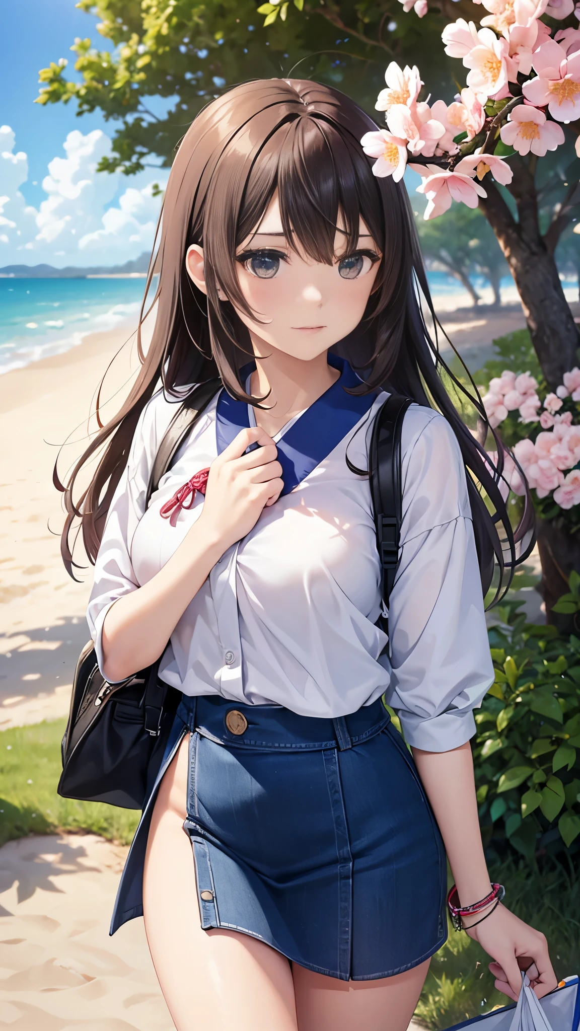 Reality show scene, actress calls director for support, pulling him to her side. She looks upset, wanting to visit Japan’s cherry blossoms. The protagonist stands firm, suggesting the beach. Director is torn, observing the conflict. Camera crew and other participants watch the scene unfold