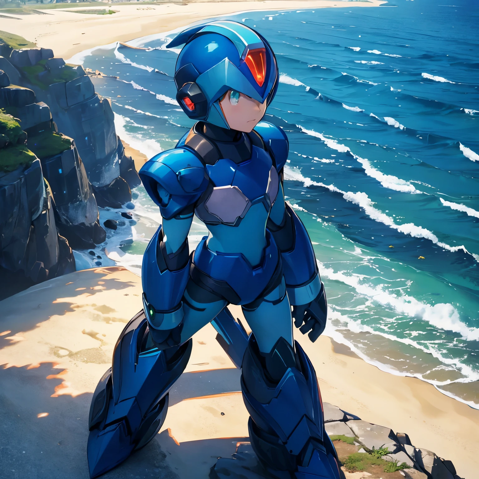 x_megamanx, solo, 1boy, male focus, helmet, android, blue armor, green eyes, masterpiece, high quality, arm cannon, overlooking the ocean on the edge of a rock, in the style of avian-themed, realistic yet stylized, villagecore, azure, orange and azure, dragoncore, aerial view