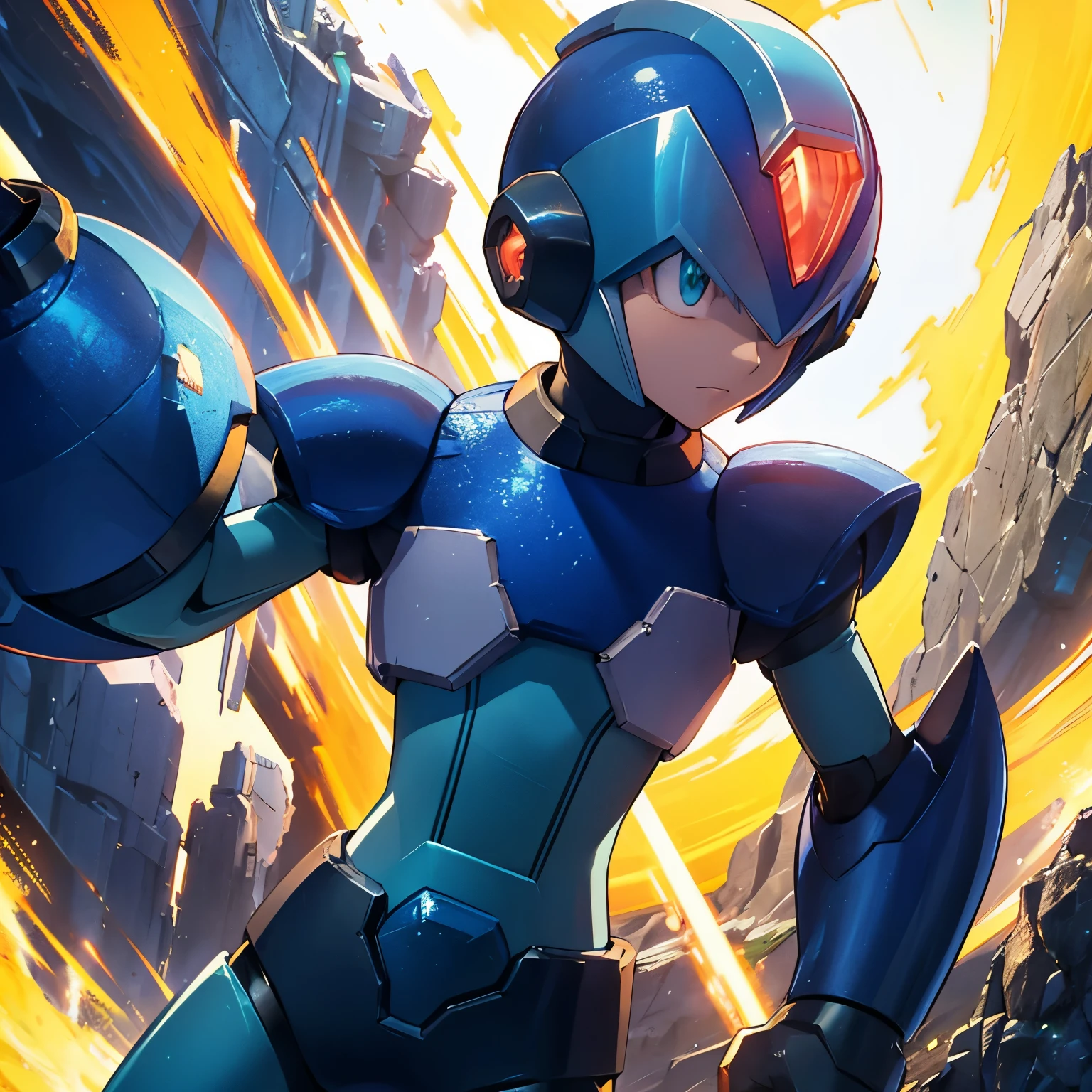 x_megamanx, solo, 1boy, male focus, helmet, android, blue armor, green eyes, masterpiece, high quality, arm cannon, overlooking the ocean on the edge of a rock, in the style of avian-themed, realistic yet stylized, villagecore, azure, orange and azure, dragoncore, aerial view