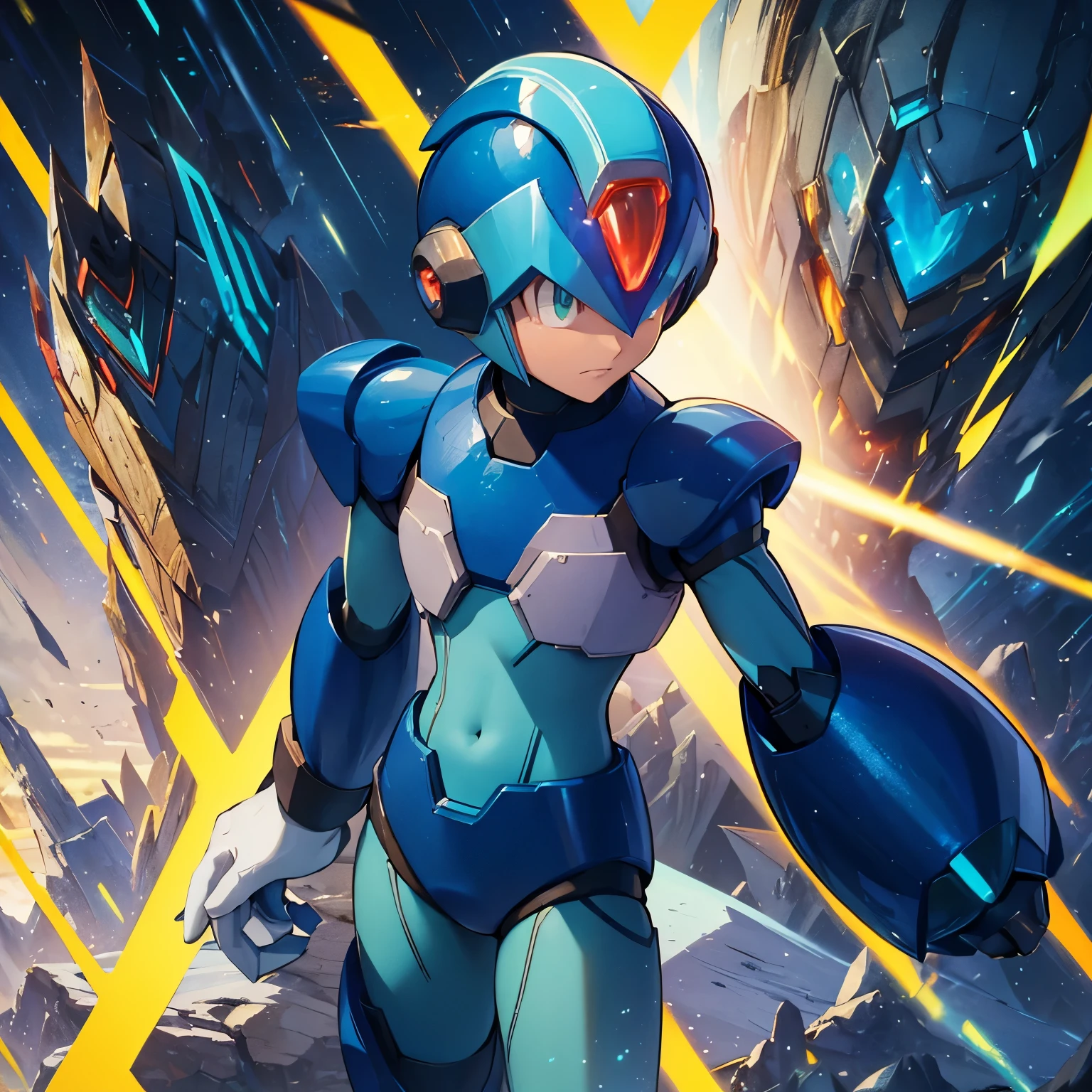 x_megamanx, solo, 1boy, male focus, helmet, android, blue armor, green eyes, masterpiece, high quality, arm cannon, overlooking the ocean on the edge of a rock, in the style of avian-themed, realistic yet stylized, villagecore, azure, orange and azure, dragoncore, aerial view