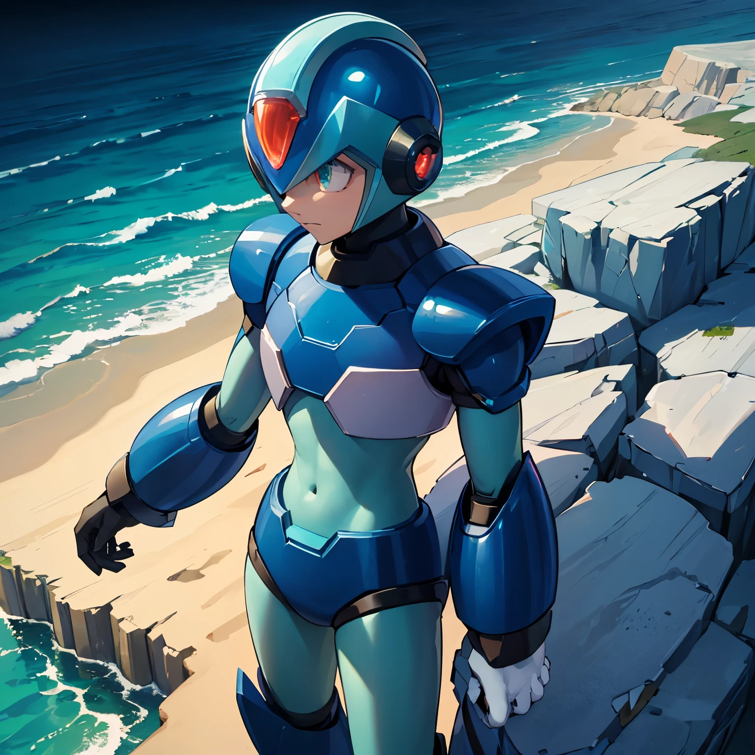 x_megamanx, solo, 1boy, male focus, helmet, android, blue armor, green eyes, masterpiece, high quality, arm cannon, overlooking the ocean on the edge of a rock, in the style of avian-themed, realistic yet stylized, villagecore, azure, orange and azure, dragoncore, aerial view