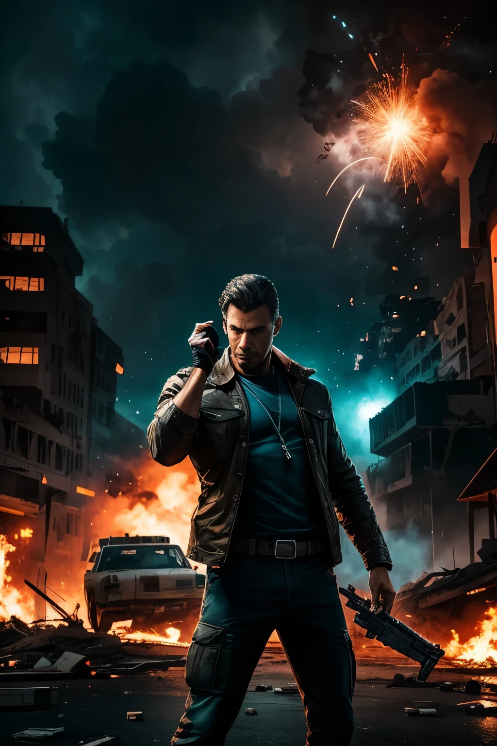 A man in front of the camera assumes a heroic pose reminiscent of 90s action films, his determined expression etched onto his face. In the backdrop, cinematic explosions light up the night sky in blue tones, their intense light contrasting with the low-lit war scene below. The rubble and destroyed buildings, bathed in the dimming light, form a desolate tableau of destruction and chaos. The scene exudes an aura of intensity and urgency, with each element meticulously crafted to evoke a sense of high stakes and drama. The image is rendered in stunning 9k resolution, each pixel meticulously calculated to bring out the gritty realism