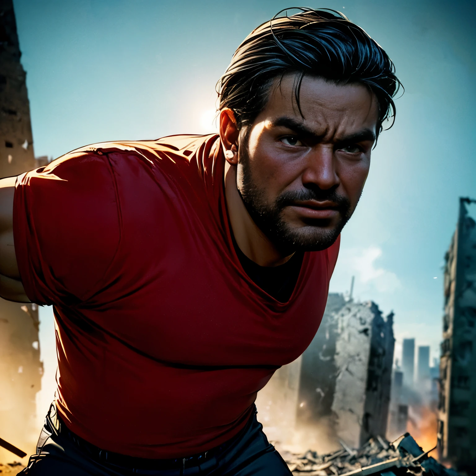 (best quality,4k,8k,highres,masterpiece:1.2),ultra-detailed,(realistic,photorealistic,photo-realistic:1.37),strong man,heroic pose,90s film style,cinematic explosions,blue tones,low lighting,war scene,rubble,destroyed buildings