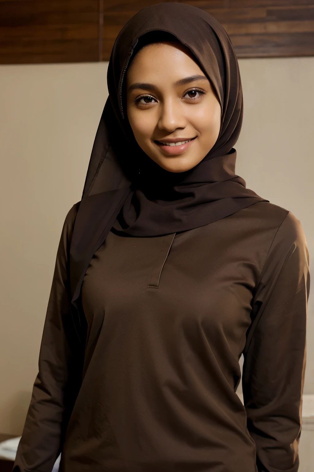 dark brown skin. no make up. hijab. daily hijab. brown shirt. thin hijab. smiling. indonesian