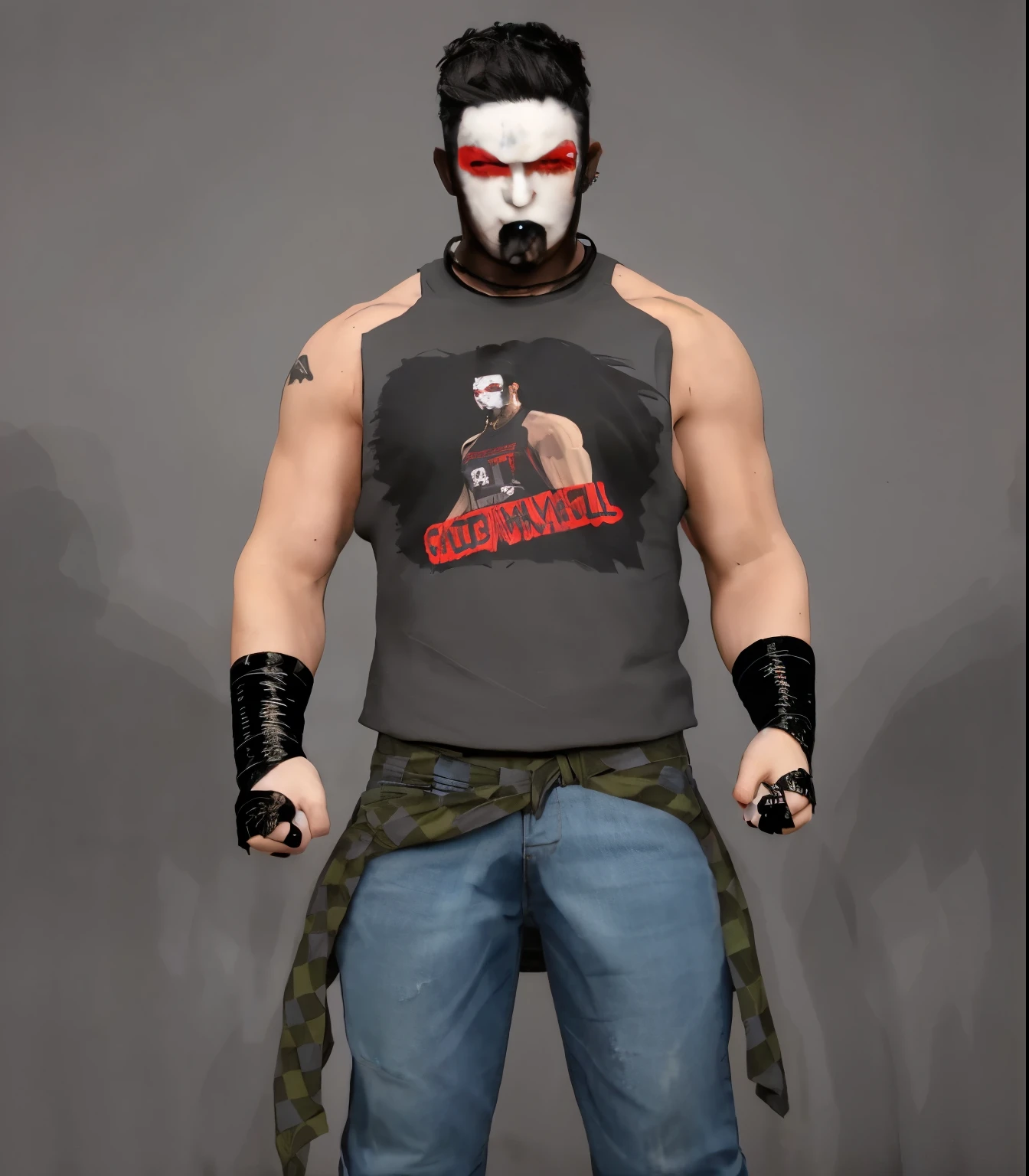 ((masterpiece, best quality)), black hair, black and white face paint with red eye around eyes black paint running down mouth and neck, earrings, grey shirt with logo, black wrist tape, ripped blue jeans, black cord necklace photo realistic, intricate details