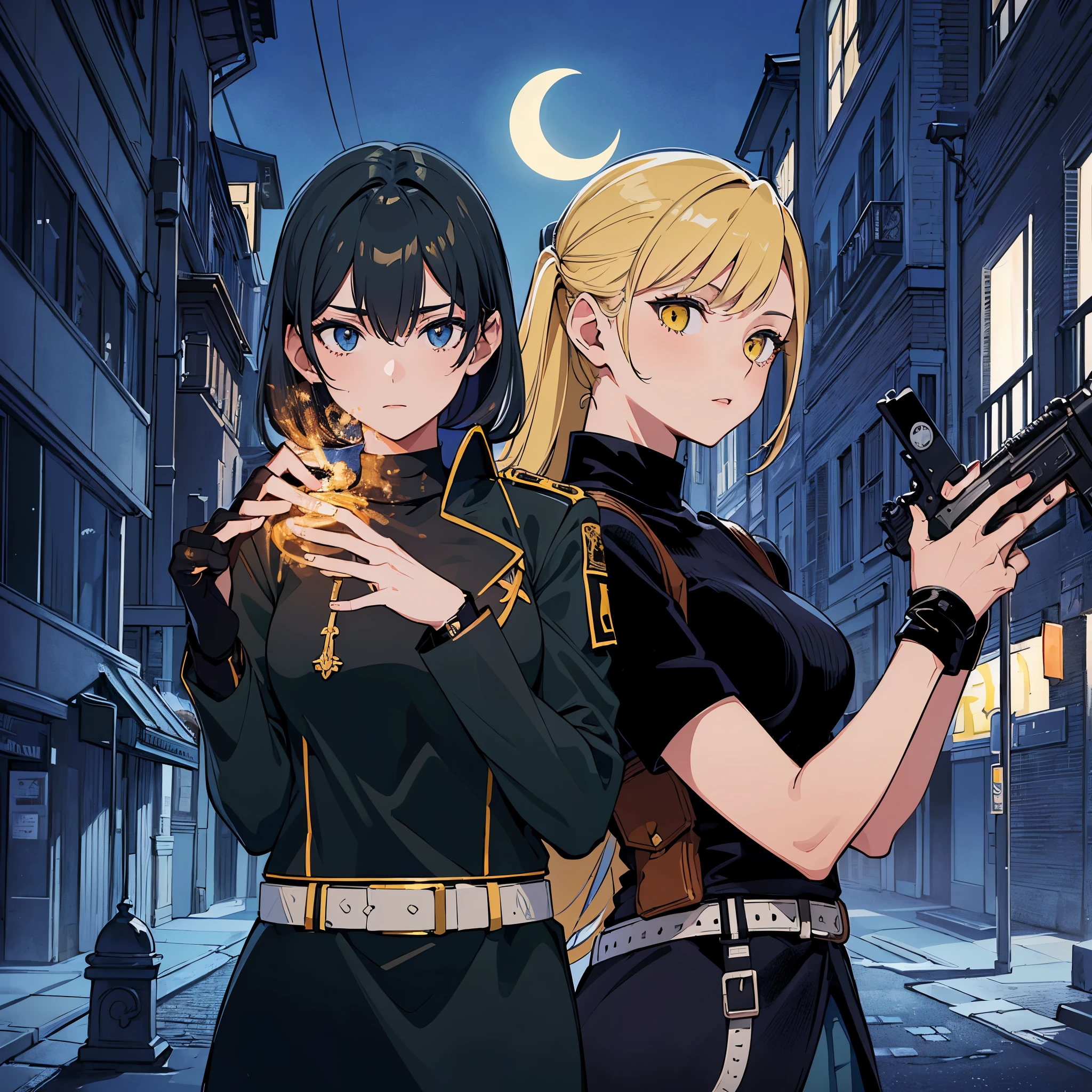 (masterpiece:1.2, best quality), (intricate details, depth of field), (2girls:1.2), (small breasts:1.2), , highly-detailed, perfect face, (skindentation), yellow hair, long hair, blue military uniform, black coat, black turtleneck, gun, crescent moon, foggy city street