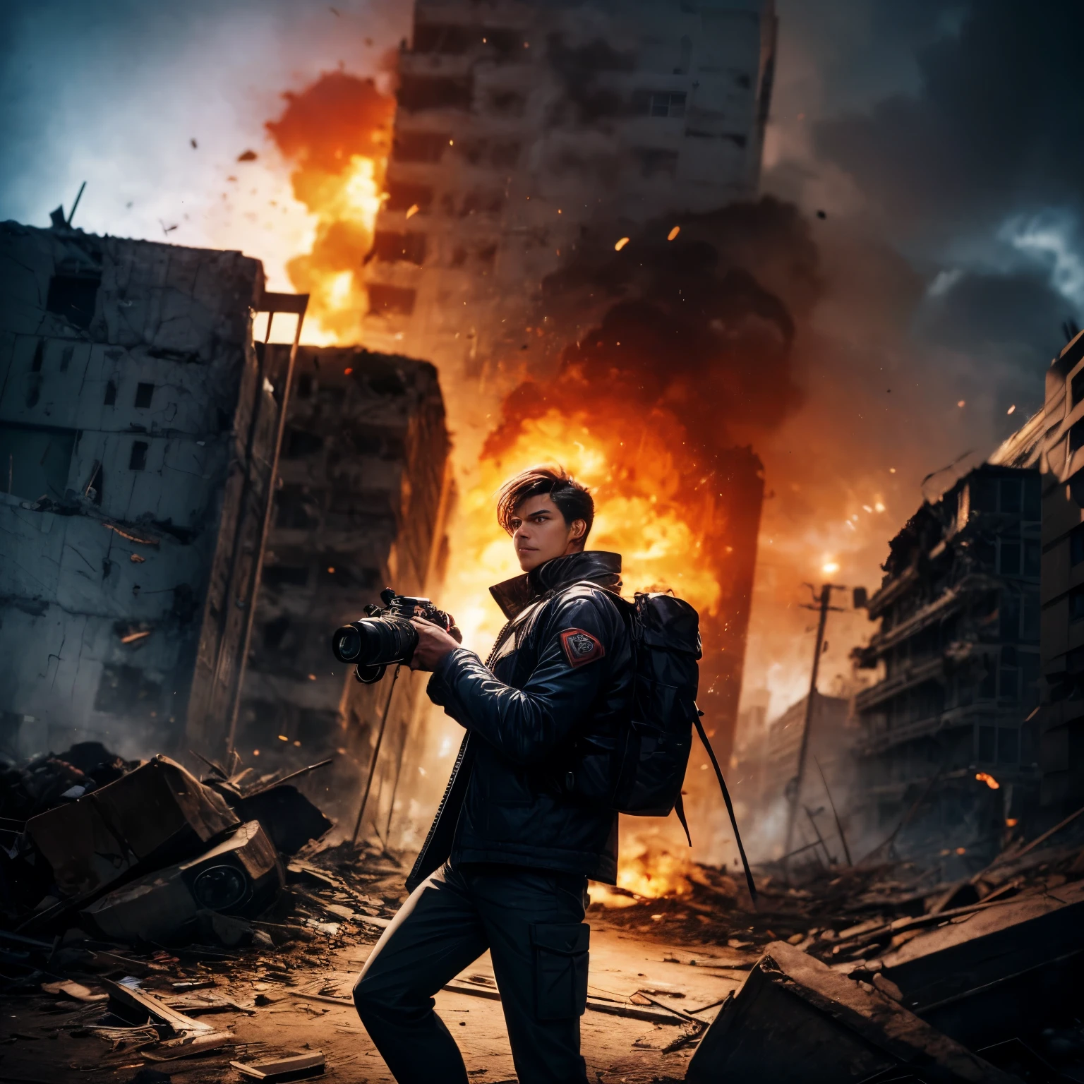 man in front of the camera in a heroic pose from a 90s film, in the background cinematic explosions, light in blue tones, low lighting, a war scene, rubble and destroyed buildings.