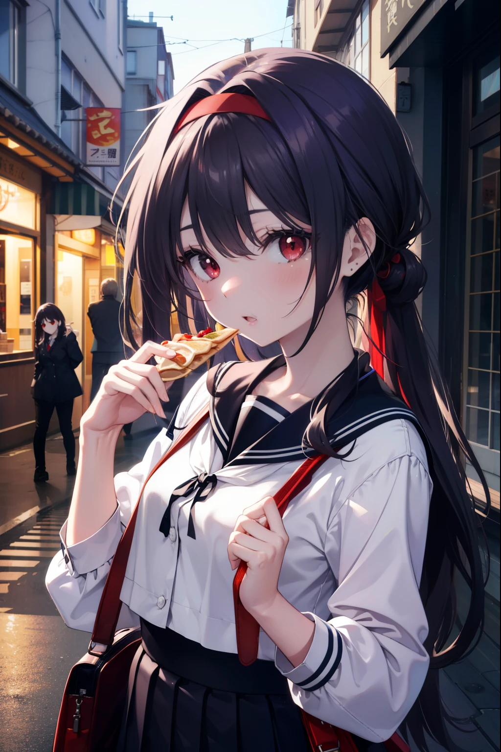 yuukikonno, Yuki Konno, hair band, long hair, pointed ears, purple hair, (red eyes:1.5), (small breasts:1.2), ,open your mouth,japanese high school girl uniform(black sailor suit),black pleated skirt,white pantyhose,brown loafers,Student bag slung over his shoulder,A woman eating crepes while walking around,girl eating crepe food,On the way home from school,
break looking at viewer, Upper body, whole body,
break outdoors, In town,building street,
break (masterpiece:1.2), highest quality, High resolution, unity 8k wallpaper, (figure:0.8), (detailed and beautiful eyes:1.6), highly detailed face, perfect lighting, Very detailed CG, (perfect hands, perfect anatomy),