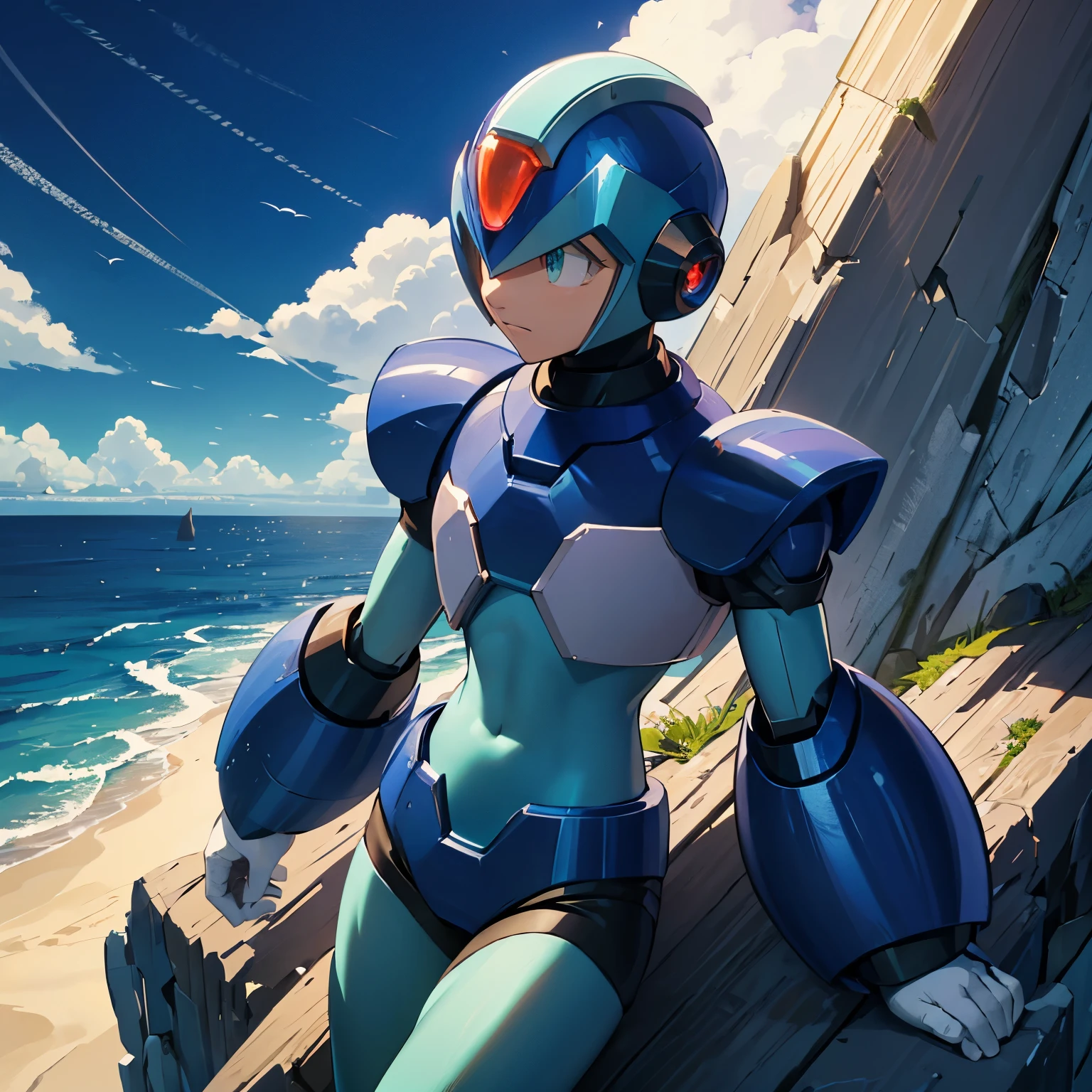 x_megamanx, solo, 1boy, male focus, helmet, android, blue armor, green eyes, masterpiece, high quality, arm cannon, overlooking the ocean on the edge of a rock, in the style of avian-themed, realistic yet stylized, villagecore, azure, orange and azure, dragoncore, aerial view