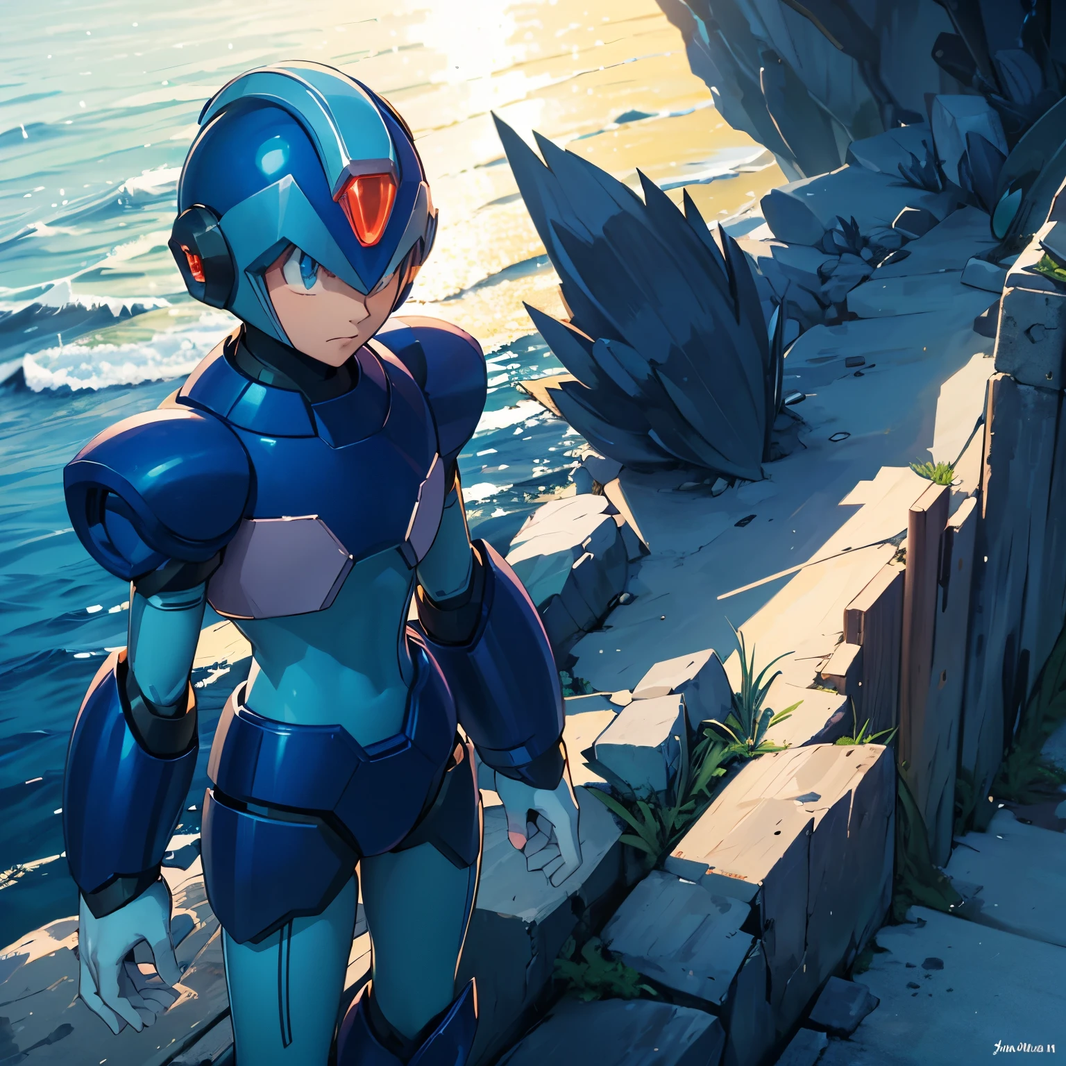 x_megamanx, solo, 1boy, male focus, helmet, android, blue armor, green eyes, masterpiece, high quality, arm cannon, overlooking the ocean on the edge of a rock, in the style of avian-themed, realistic yet stylized, villagecore, azure, orange and azure, dragoncore, aerial view