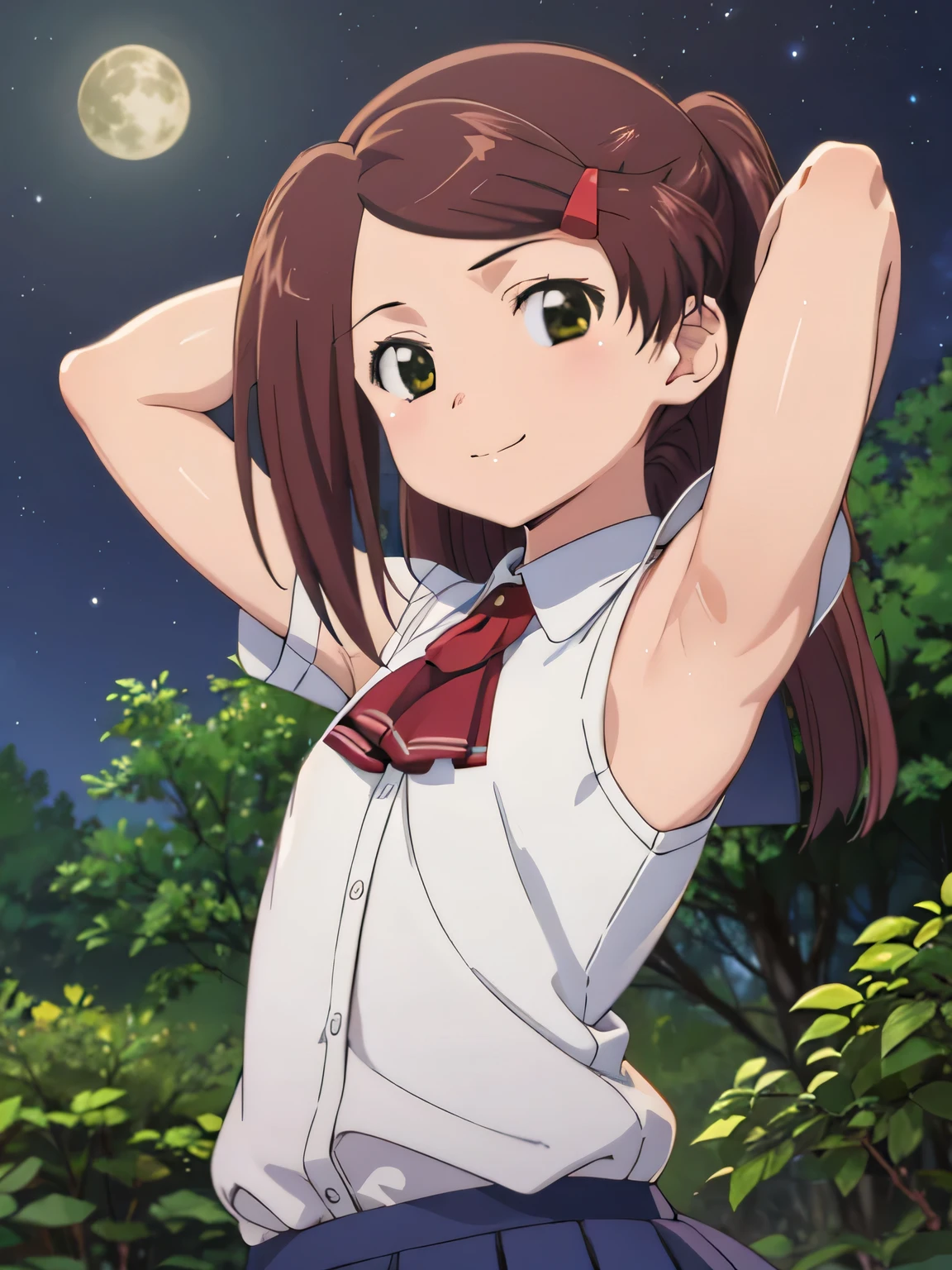 solo, 1girl, looking at viewer, flat colors, 2D, anime, anime coloring, closed mouth, small smile, solo, night sky, forest, {arms behind head}, contrapposto, spread armpits, ako suminoe, ascot, school uniform, smile, looking at viewer, upper body,