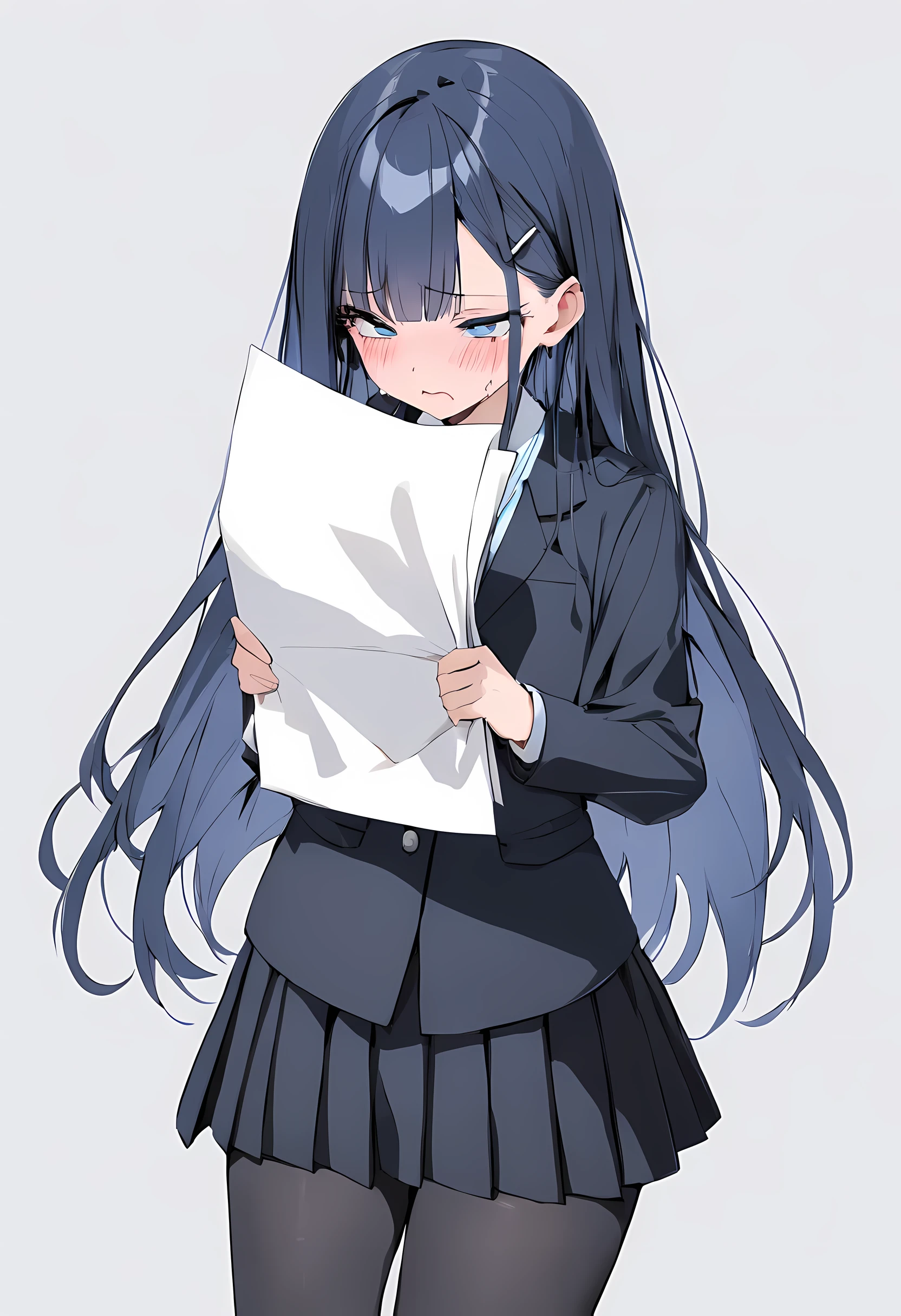 masterpiece, best quality, perfect hands, kneeling, showing a peice of paper, holding paper, (blush, looking away, sweating, very nervous expression), medium shot, standing, 1girl, solo, negative space, ((simple white background, white background)), a girl in a school uniform, half closed eyes, detailed eyelashes, sharp eyes, dark royal blue hair, medium length hair, hair behind ear, black hairclip, side bangs, (black blazer, black pleated skirt, black tights), simple, facing viewer, manga illustration style, bangs, black backpack, 18 years old, rating: general