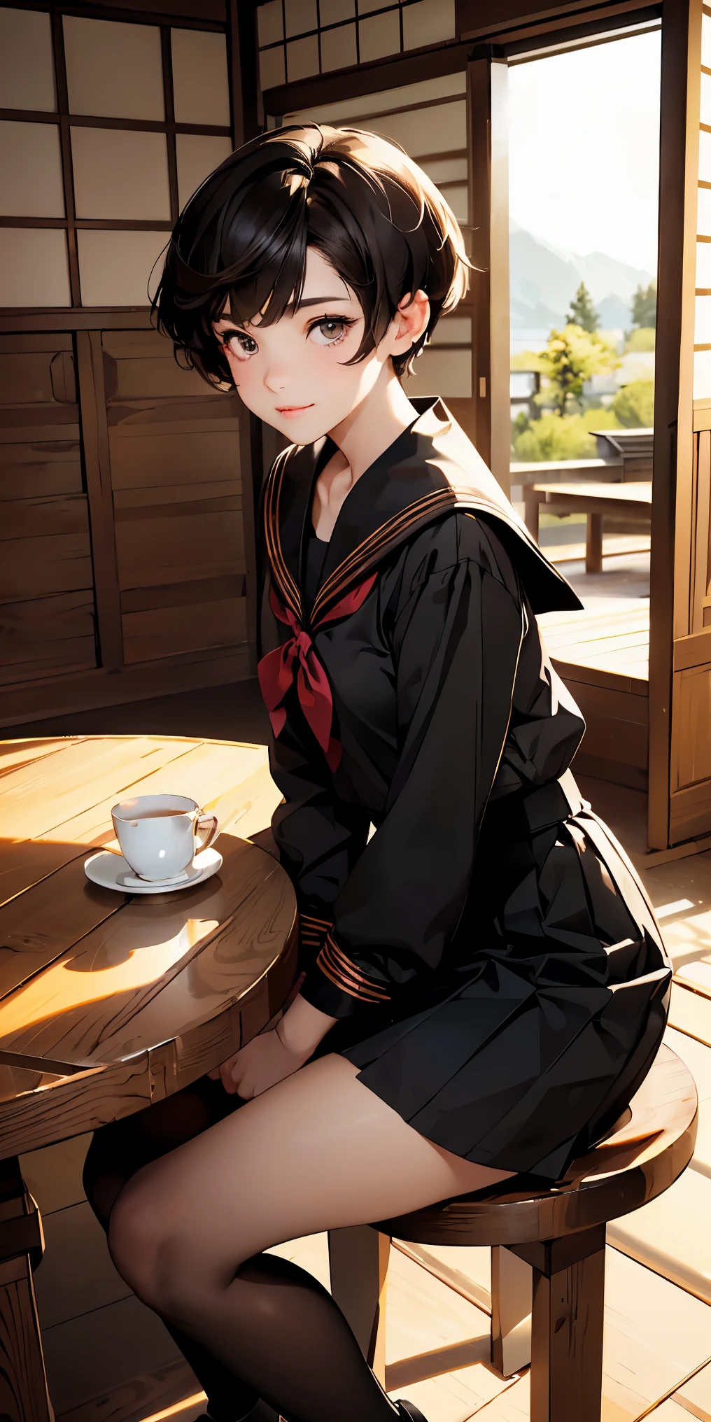 8k, masterpiece, highest quality, ultra high resolution, highest resolution, very detailed, professional lighting, orange light lighting、Backlight、Detailed CG、Low angle from the front、full body shot、Beautiful woman、beautiful eyes、(detailed face and iace:1 2)、narrow eyes、almond eye、brown eyes、gradation eye、highlight:1.2)、(beautiful black hair、short hair、(plump lips) 、(oval face : 1.4)、(thin fingered arms、detailed human hand)、(table top, highest quality:1.2), wooden warehouse、Scenery with Japanese wooden houses、sitting in veranda、ancient folk house、pine tree、plant、beautiful japanese garden、beautiful red sunset、full body pose、A girl who blends into the scenery、sitting in a chair、Beautiful woman, small face、white skin、very cute, 17 years old、(fine eyes、bright eyes、gradient eyes:1、細かく描かれたbeautiful eyes:1、symmetrical eyes:1、目の大きなhighlight:1.2)、thin hair、brown eyes)、Breasts are medium in size、(black brown hair、レイヤーshort hair、ベリーshort hair:1.5)、(black sailor suit、serafuku:1.4)、thin and long legs、beautiful hip line、beautiful spine、constricted back、tight waist、JK black skirt 、pleated skirt、Hip line emphasis、black socks、black stockings、brown eyes,face is a little red, beautiful breasts、Breasts are A cup、Shoes are loafers) 、(round face: 1.4)、shy smile、black knee high socks