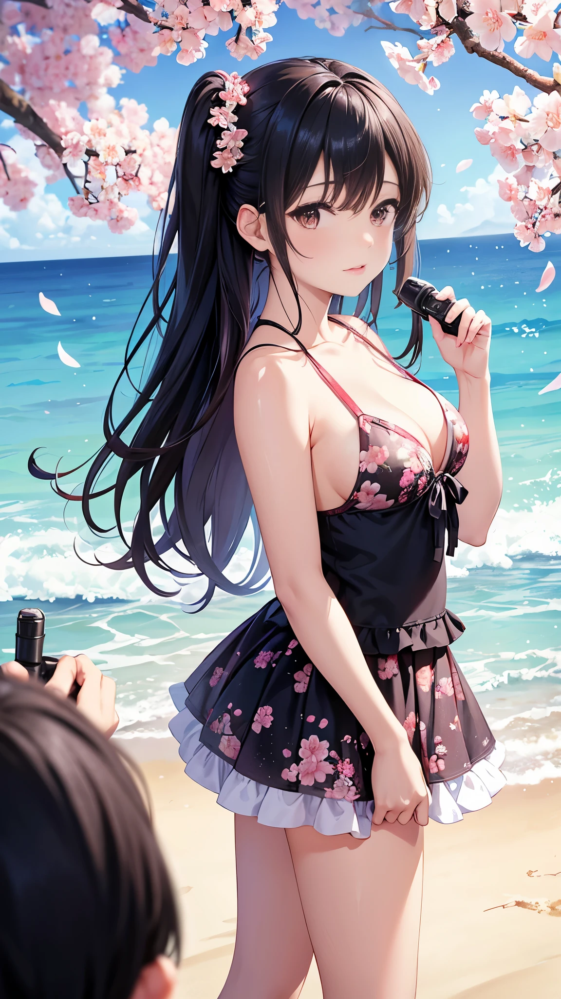 Reality show scene, director appeases female protagonist, a major investor’s sister, promising to visit cherry blossoms next time. She insists on the beach for multiple episodes. Director nods, agreeing to prioritize the beach. Camera crew adjusts plans, focusing on seaside activities. Protagonist stands firm, holding script, as others comply