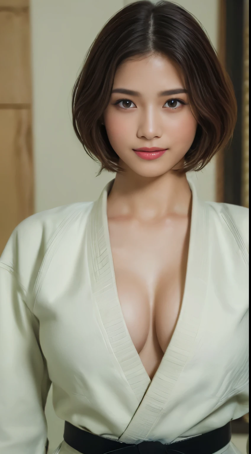 ((highest quality, 8k, masterpiece: 1.3)), sharp focus: 1.2, Beautiful woman with muscular body: 1.4, tall woman, arms are hanging down, slim belly: 1.2, ((big: 1.2)), wet body: 1.1, very detailed face and skin texture, fine eyes, double eyelid, sunburned skin, sunburned, sweaty skin, 1 girl, short bob, layered hair, Short and cute hairstyles, intricate details, movie-like atmosphere, 8k, very detailed, (realistic, photorealistic: 1.37), Super detailed, highest quality, realistic, very delicate and beautiful, RAW photo, (((professional lighting)), face lighting, written boundary depth, single focus,(((judo))),((Black belt)) (Muscular and healthy), small head, (((beautiful eyes)), real face, realistic face, real face, fine eyes, (fashionable hairstyle: 1.3), viewer, (cool japanese women)), intellectual, sports, (smile: 1.15), (closed mouth), Fine and beautiful eyes, (dojo: 1.3), judo選手, healthy body、((big breasts))、((cleavage))