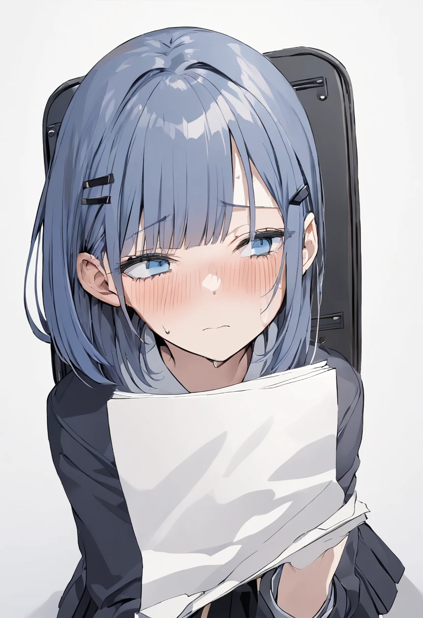 masterpiece, best quality, perfect hands, kneeling, showing a peice of paper, holding paper, facing viewer, (blush, looking away, sweating, very nervous expression), medium shot, standing, 1girl, solo, negative space, ((simple white background, white background)), a girl in a school uniform, half closed eyes, detailed eyelashes, sharp eyes, dark royal blue hair, medium length hair, hair behind ear, black hairclip, side bangs, (black blazer, black pleated skirt, black tights), simple, facing viewer, manga illustration style, bangs, black backpack, 18 years old, rating: safe