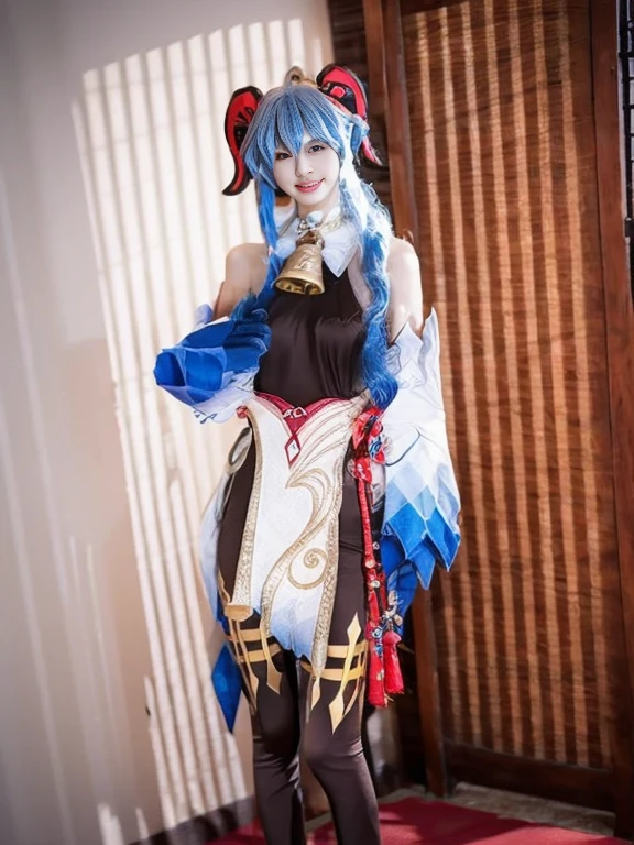 highest quality, masterpiece, realistic, beautiful girl, alone, looking at the viewer, smile, closed mouth, whole body, Are standing, put your hand on your waist, ganyu cosplay costume, cosplay, blue hair, long hair, horn, bangs, Ahoge, side lock, tight, black bodysuit, body stockings, removed sleeve, gloves, neck bell, china knot, tassel,( white high heels:1.2), simple background,