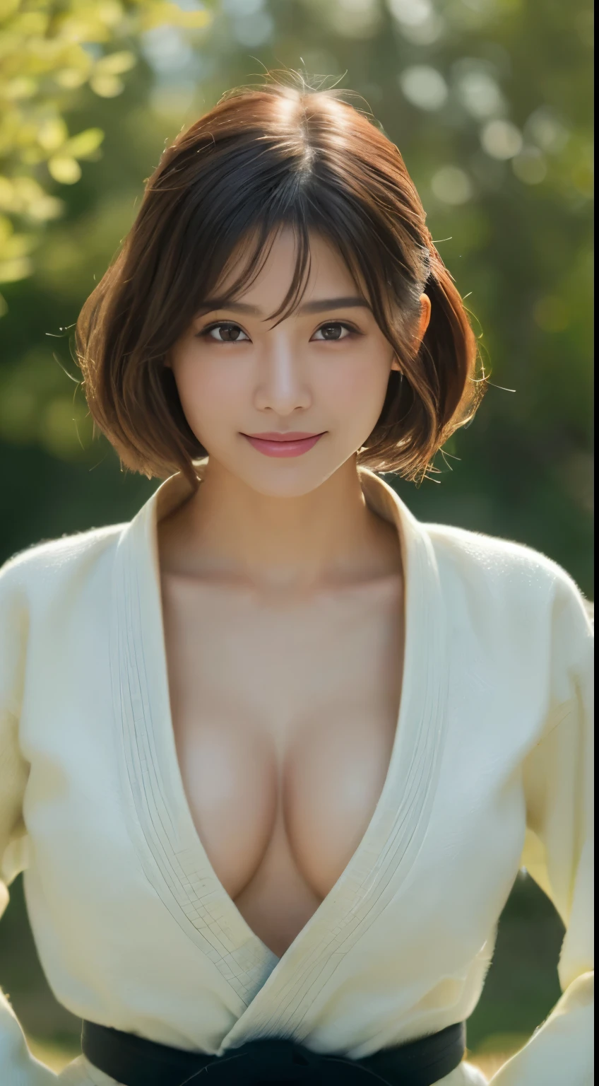 ((highest quality, 8k, masterpiece: 1.3)), sharp focus: 1.2, Beautiful woman with muscular body: 1.4, tall woman, arms are hanging down, slim belly: 1.2, ((big: 1.2)), wet body: 1.1, very detailed face and skin texture, fine eyes, double eyelid, sunburned skin, sunburned, sweaty skin, 1 girl, short bob, layered hair, Short and cute hairstyles, intricate details, movie-like atmosphere, 8k, very detailed, (realistic, photorealistic: 1.37), Super detailed, highest quality, realistic, very delicate and beautiful, RAW photo, (((professional lighting)), face lighting, written boundary depth, single focus,(((judo))),((Black belt)) (Muscular and healthy), small head, (((beautiful eyes)), real face, realistic face, real face, fine eyes, (fashionable hairstyle: 1.3), viewer, (cool japanese women)), intellectual, sports, (smile: 1.15), (closed mouth), Fine and beautiful eyes, (dojo: 1.3), judo選手, healthy body、((big breasts))、((cleavage))