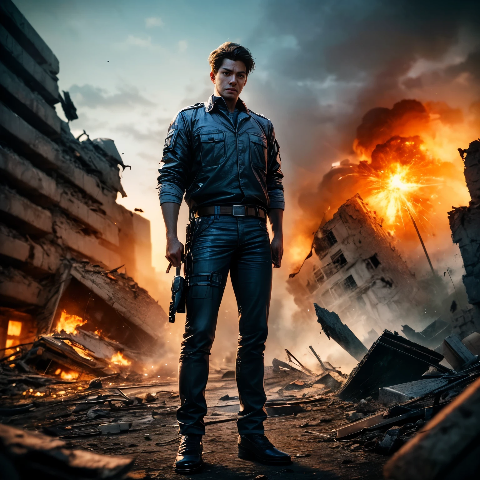 (best quality,4k,highres,masterpiece:1.2),ultra-detailed,(realistic:1.37),man in front of the camera in a heroic pose from a 90s film,cinematic explosions,blue tone lighting,low lighting,war scene,rubble,destroyed buildings,hyper detailed