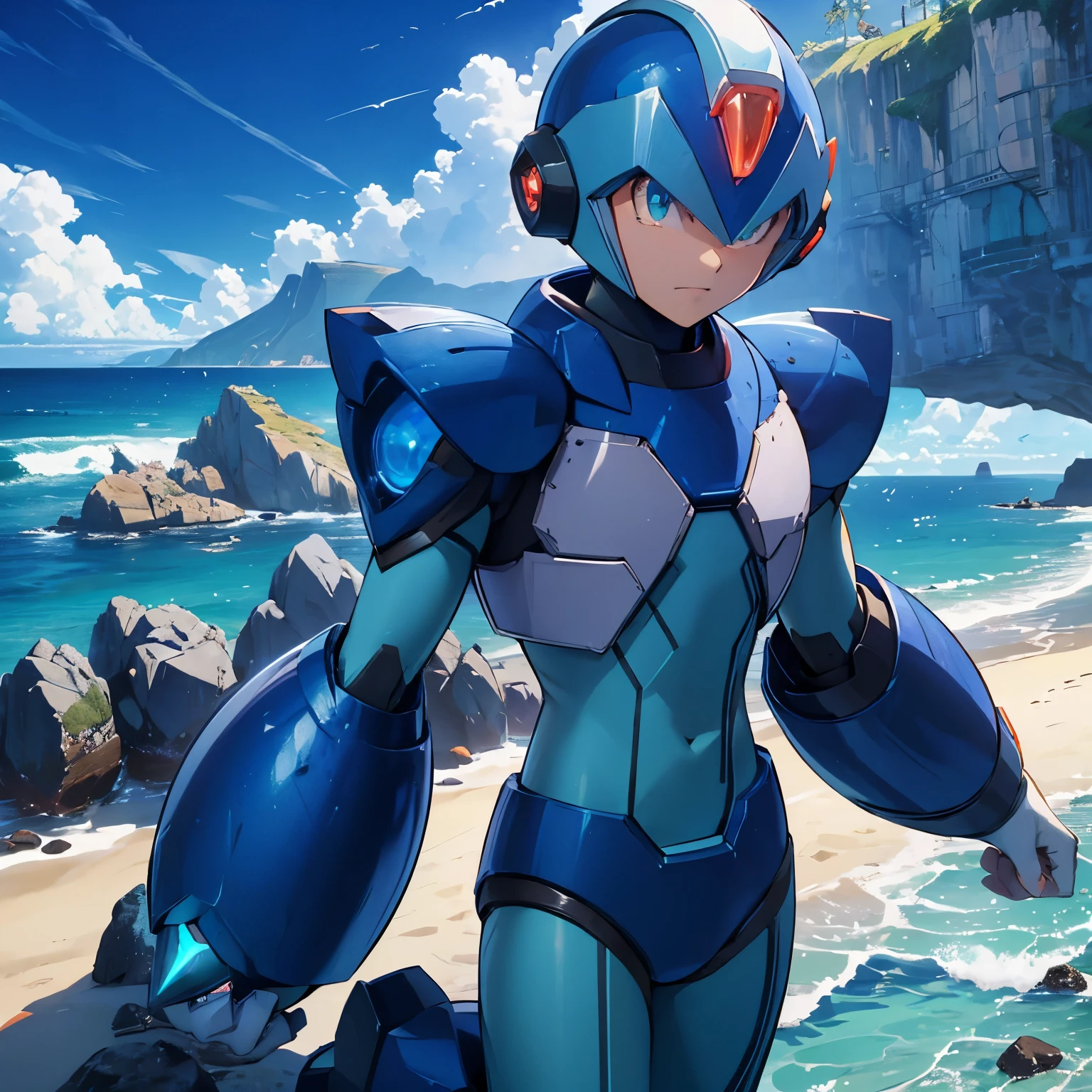 x_megamanx, solo, 1boy, male focus, helmet, android, blue armor, green eyes, masterpiece, high quality, arm cannon, overlooking the ocean on the edge of a rock, in the style of avian-themed, realistic yet stylized, villagecore, azure, orange and azure, dragoncore, aerial view