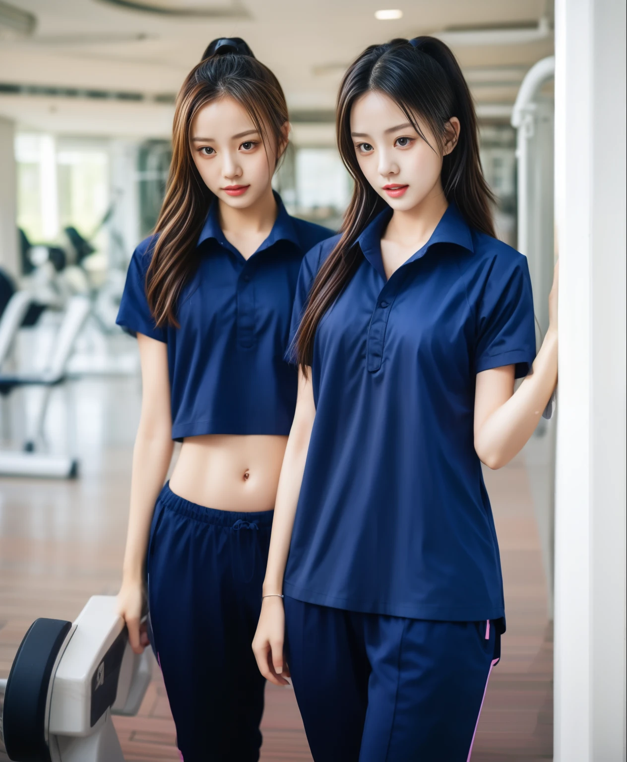 3 girls in fitness center, Blue short sleeve shirt,Sweatpantsขายาวสีกรมท่า,Sweatpants, Sweatpantsขายาว,25 year old girl, lesbian, sexy, exercise clothes, wet body, exercise clothes