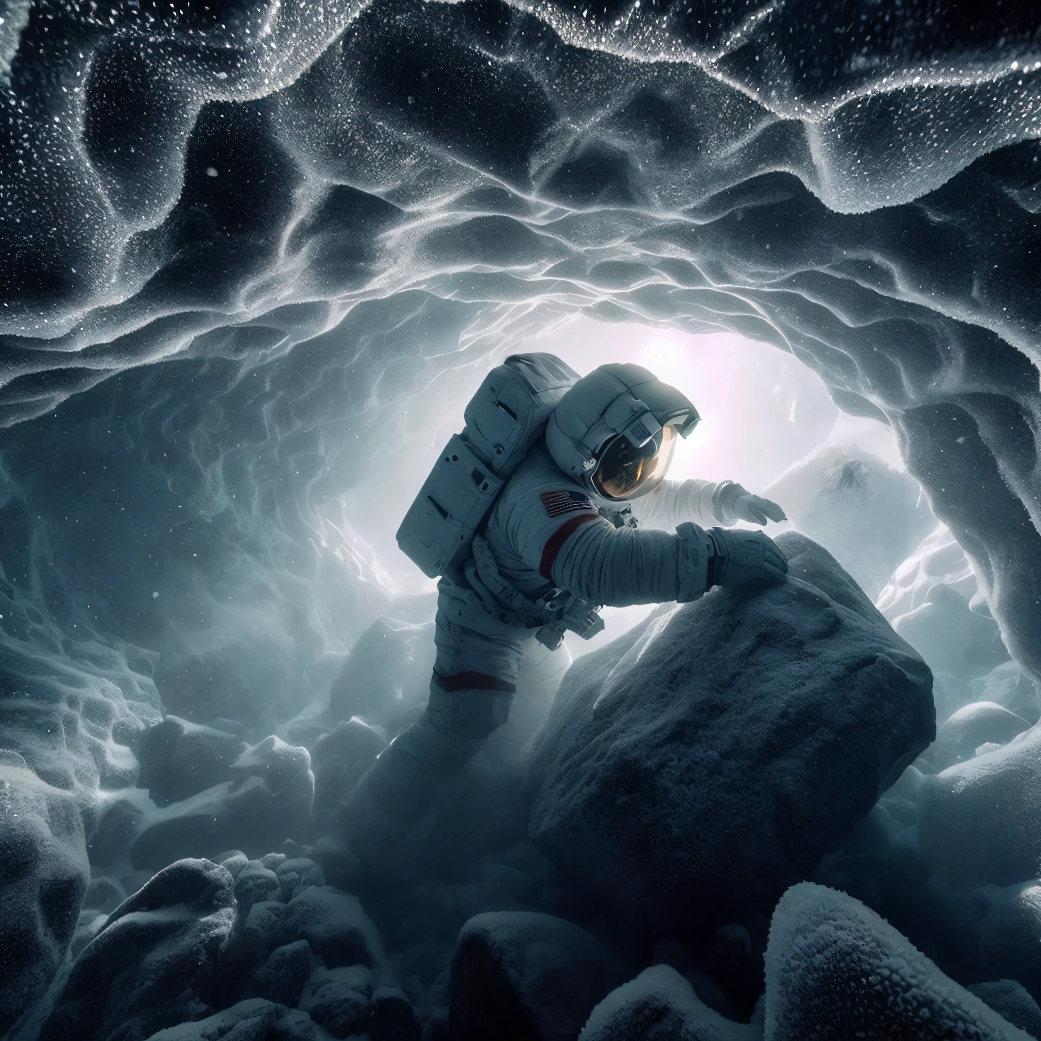 astronaut in a cave with snow and ice crystals, inspired by Filip Hodas, inspired by Michal Karcz, astronaut below, in the art style of filip hodas, astronaut lost in liminal space, by Christopher Balaskas, snow cave, inspired by Michał Karcz, stefan koidl inspired, beeple and mike winkelmann