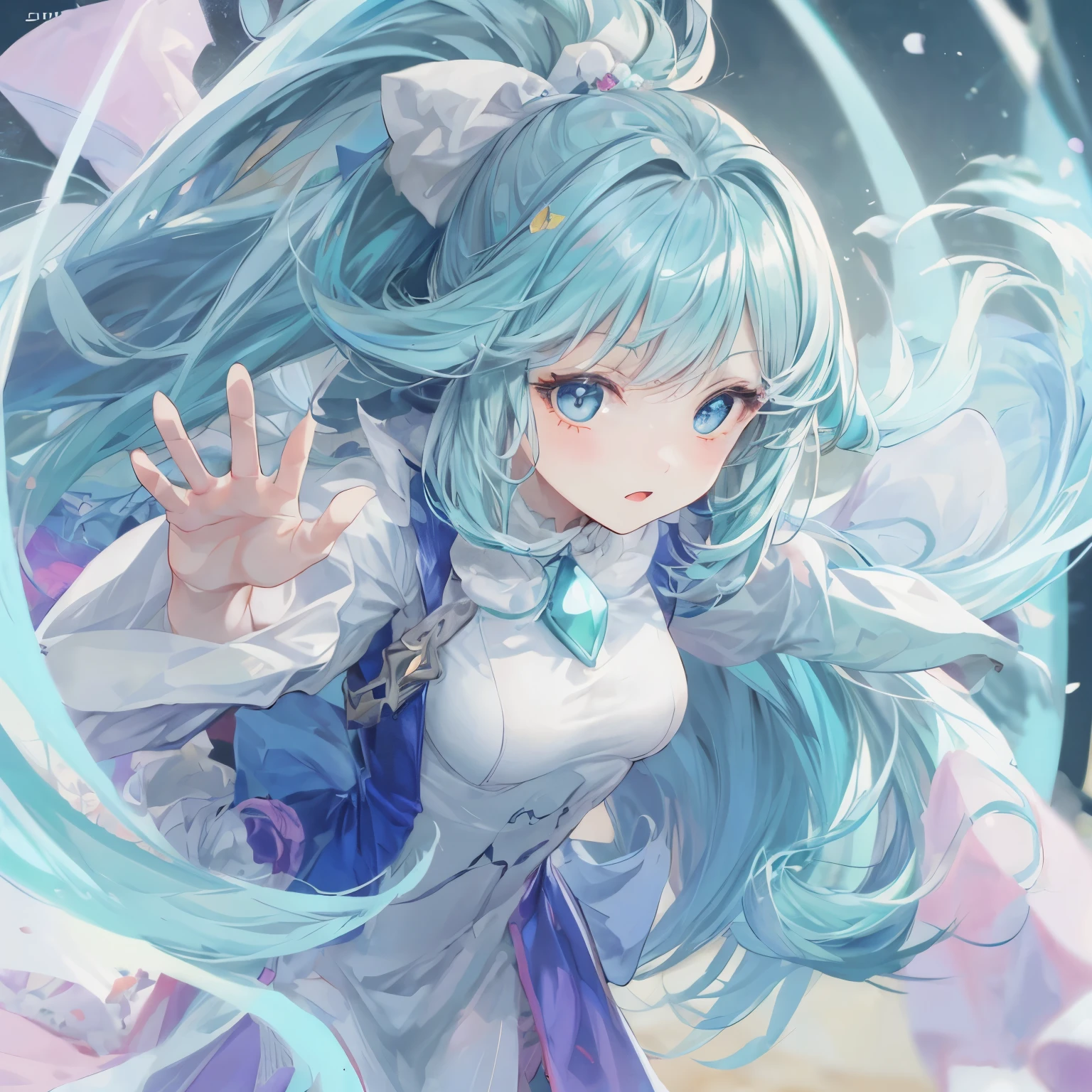 anime girl, turquoise hair, blue eyes