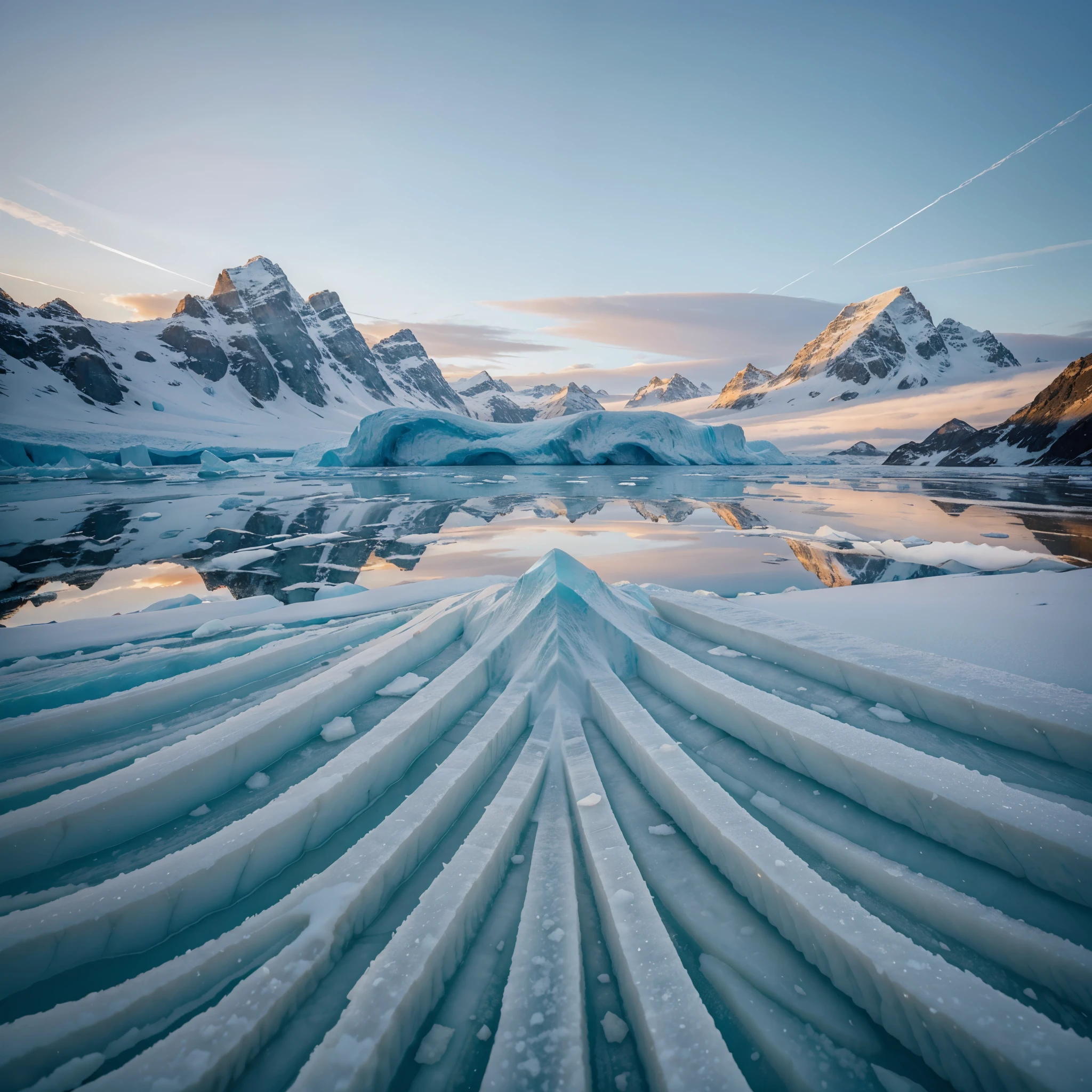 The first glow of dawn casts a gentle light upon a majestic glacier, illuminating the icy terrain with a soft golden hue. Smooth, undulating ice formations radiate a serene beauty, twinkling with the reflection of the rising sun. The frozen landscape stretches infinitely, evoking a sense of awe and wonder. This masterpiece photo captures the ethereal serenity of a sunrise over a glacier, showcasing the delicate balance between warmth and frigidity, nature's unparalleled artistry frozen in time.