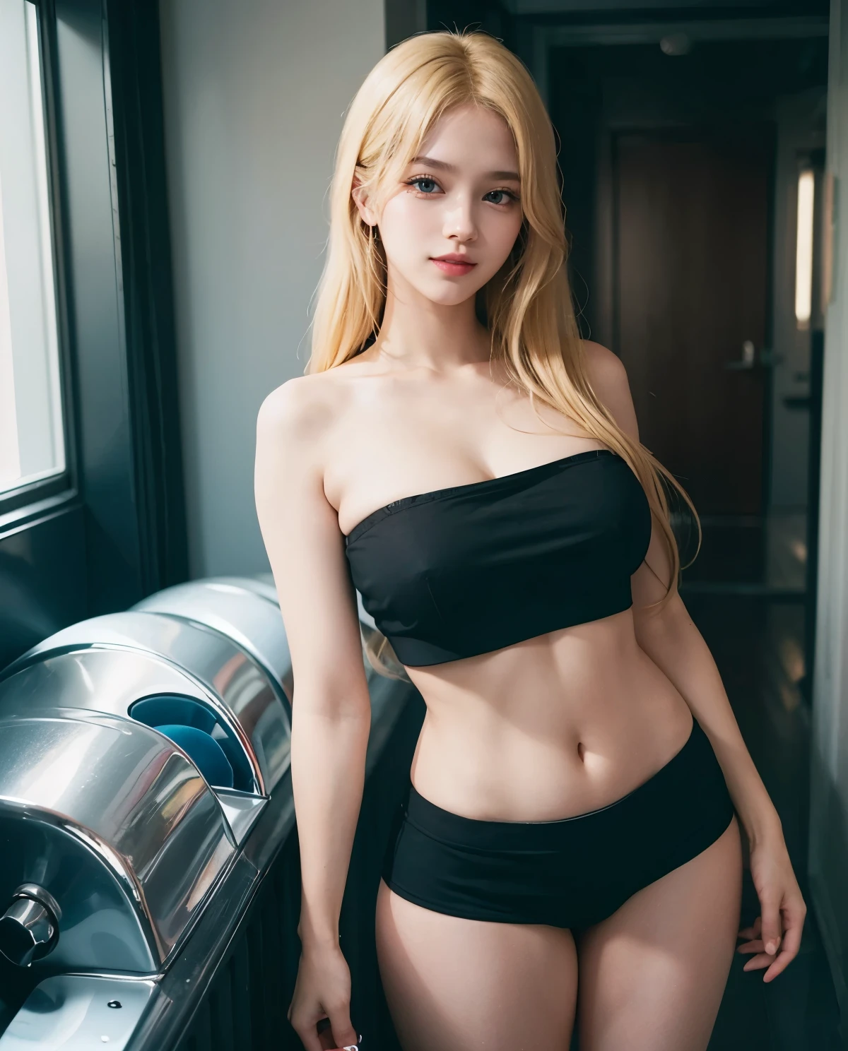1girl, Blue eyes, (smile), (Sana Minatozaki), (Black cotton Tube Top :1.4), (wide hips :1.3), Big tits, (big ass), (Best Quality, 8k, Masterpiece: 1.3), perfect hands, Clear Focus: 1.2, Perfect Body Beauty: 1.4, Highly detailed face and skin texture, detailed eyes, double eyelids, (blonde long hair :1.2), (sexy panty shorts), (standing), sexy pose, in a motel room