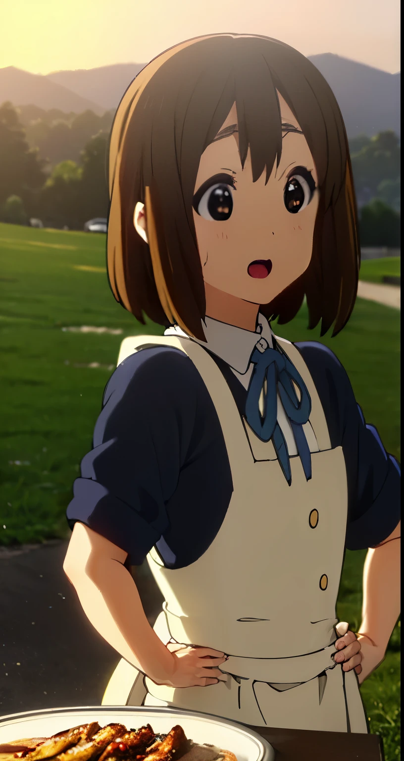 1girl, (((masterpiece))), top-quality, top-quality, High Details, Hirasawa Yui, Sakuragaoka High School Uniform, student clothes, maid cafe uniform, two-yellow hairpin, short hair, A brown-haired, brown-eyed, 独奏, reddish, thin blue ribbon, full body, full image, Camping by the lake, campfire, camping tent, camping cooking utensils, grilled meat, illustratio, comic strip, soothing tones, Subdued Color, Soft cinematic light, adobe lightroom, photolab, HDR, intricately and hyper-detailed、(((depth of fields))))。(((masterpiece)))。(((top-quality))).)((ultra-detailliert)))。(((illustratio)))。(((takeout))).dynamic focus.big breasts.(((lake))).(((A mountain scape))).(((Face of happiness))). open mouth.(((put hands on the hip))).(((up chest))).((evening glow)).((the setting sun)).