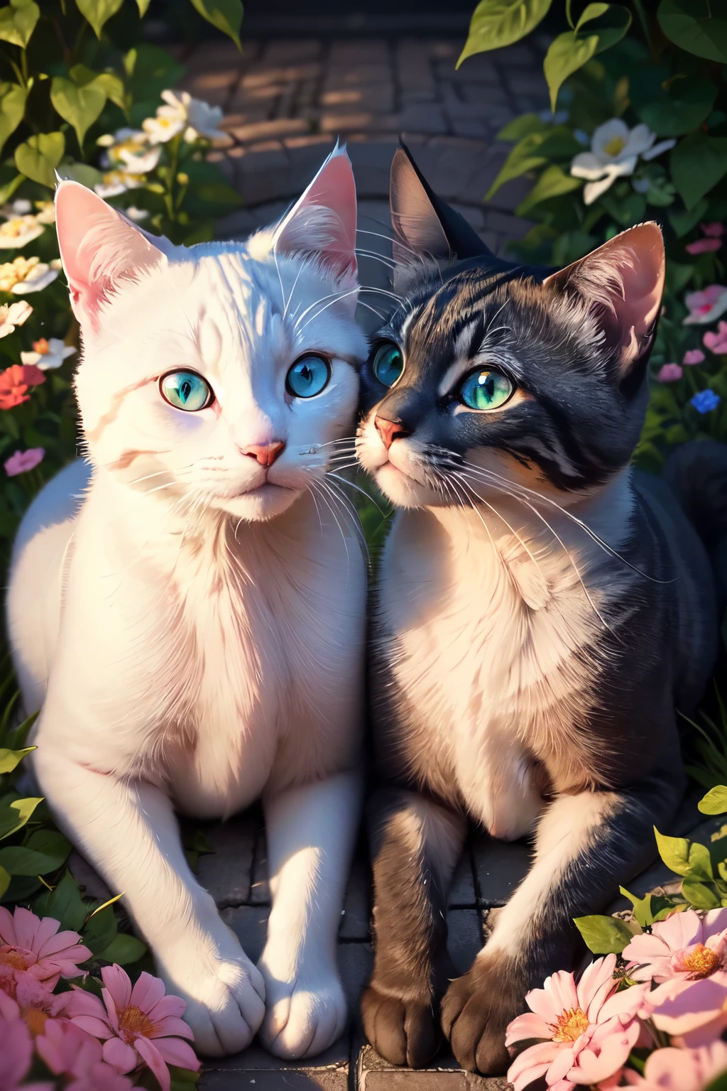 (8K, Best Quality, Master Piece: 1.2), Ultra High Resolution, Photo taken by a professional photographer, Two cats,detailed face,detailed eyes,one white cat with blue eyes on the street, one with green eyes Black cat looking down from above the flower bed,These two cats are kissing,night,mood lighting, short arms, long tail