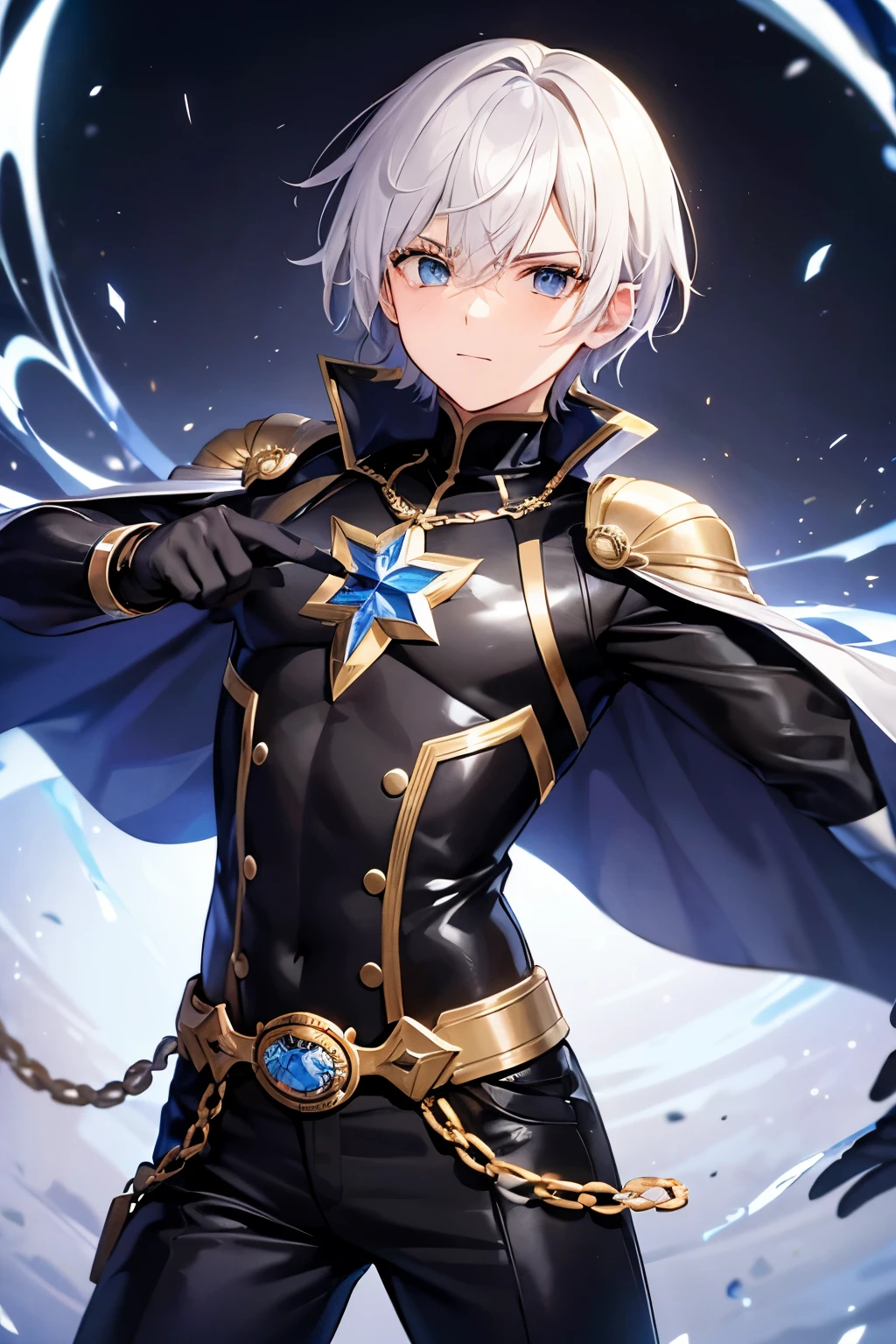 1boys, cabello blanco, cara seria, musculoso, traje de superheroe negro, circulo azul en el pecho, guantes, pose pelea,