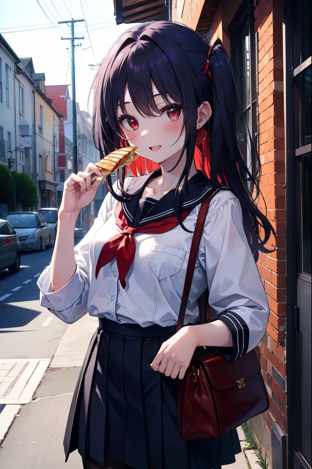 yuukikonno, Yuki Konno, hair band, long hair, pointed ears, purple hair, (red eyes:1.5), (small breasts:1.2), ,open your mouth,blush,smile,japanese high school girl uniform(black sailor suit),black pleated skirt,white pantyhose,brown loafers,Student bag slung over his shoulder,A woman walking around eating crepes wrapped in paper，Girl eating crepe wrapped in paper,On the way home from school,　
break looking at viewer, Upper body, whole body,
break outdoors, In town,building street,
break (masterpiece:1.2), highest quality, High resolution, unity 8k wallpaper, (figure:0.8), (detailed and beautiful eyes:1.6), highly detailed face, perfect lighting, Very detailed CG, (perfect hands, perfect anatomy),