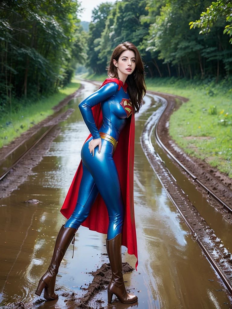 Anne Hathaway has long brown hair，Big breasts and butt，long legs，slender legs，Wearing a blue shiny full-coverage tight-fitting Superman suit，Red over-the-knee boots，Standing on a muddy dirt road，Clothes covered with mud stains，Realistic style，full body picture