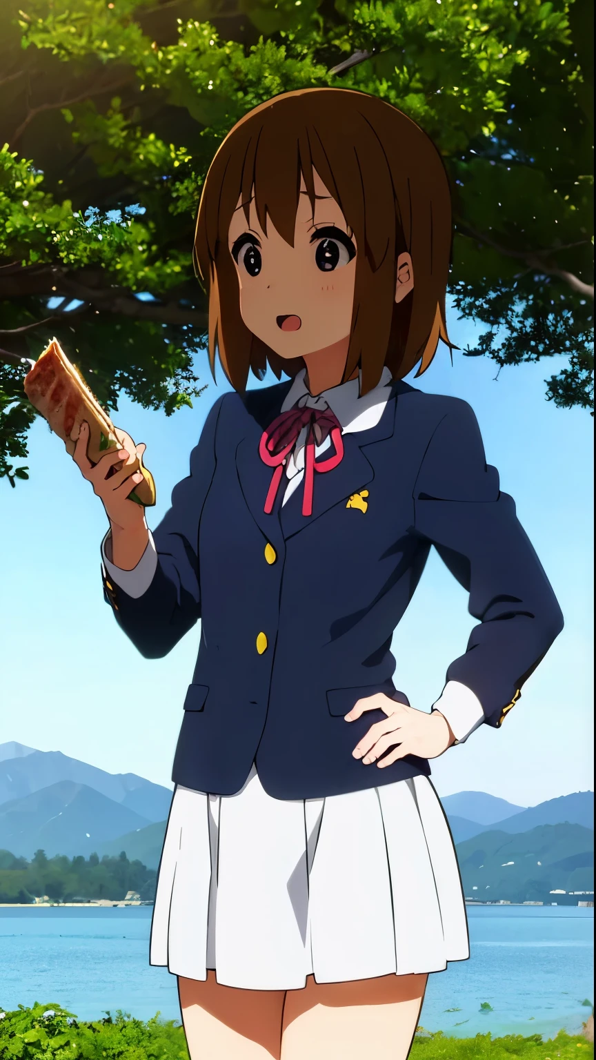 1girl, (((masterpiece))), top-quality, top-quality, High Details, hirasawa yui, 1girl, Sakuragaoka High School Uniform, student clothes, maid cafe uniform, two-yellow hairpin, short hair, A brown-haired, brown-eyed, 独奏, reddish, thin blue ribbon, full body, full image, Camping by the lake, campfire, camping tent, camping cooking utensils, grilled meat, illustratio, comic strip, soothing tones, Subdued Color, Soft cinematic light, adobe lightroom, photolab, HDR, intricately and hyper-detailed、(((depth of fields))))。(((masterpiece)))。(((top-quality))).)((ultra-detailliert)))。(((illustratio)))。(((takeout))).dynamic focus.big breasts.(((lake))).(((A mountain scape))).(((Face of happiness))). open mouth.(((put hands on the hip))).(((up chest))).((evening glow)).((the setting sun)).