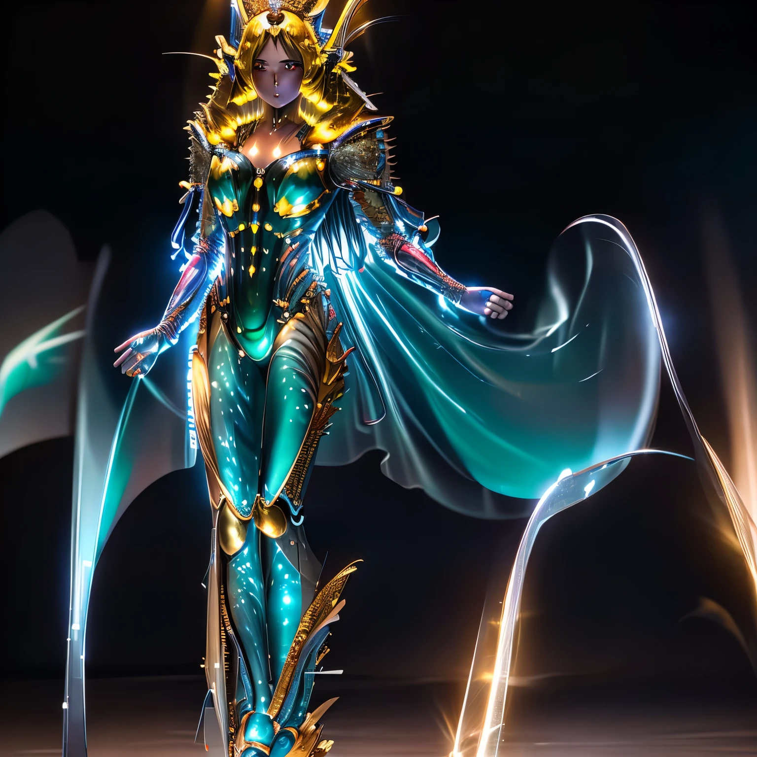 ファンタジー風の全身鎧を着たwoman, A fully enclosed helmet with a crown concept that only exposes the eyes., glassy、composite layered chest plate, Fully wraps the shoulder guard and hand guard, lightweight lumbar armor, Perfect fit shin guard, Overall design is sturdy yet flexible, (armor shines gold, Complemented by red and blue accents), gives off a noble aura, She is floating above a fantastic and surreal high-tech city, This character is、Elaborately crafted fantasy and surreal style armored heroes embody in anime style。, Exquisite and mature manga art style, (A combination of queen bee and spider concept armor., plasma), ((element, elegant, goddess, woman:1.5)), metallic, High resolution, highest quality, High resolution, super detailed, Ultra-fine painting, very delicate, Professional, anatomically correct, symmetrical face, highly detailed eyes and face, high quality eyes, creativity, RAW photo, Hmm, 32K, Natural light, cinematic lighting, masterpiece-anatomy-perfect, masterpiece:1.5