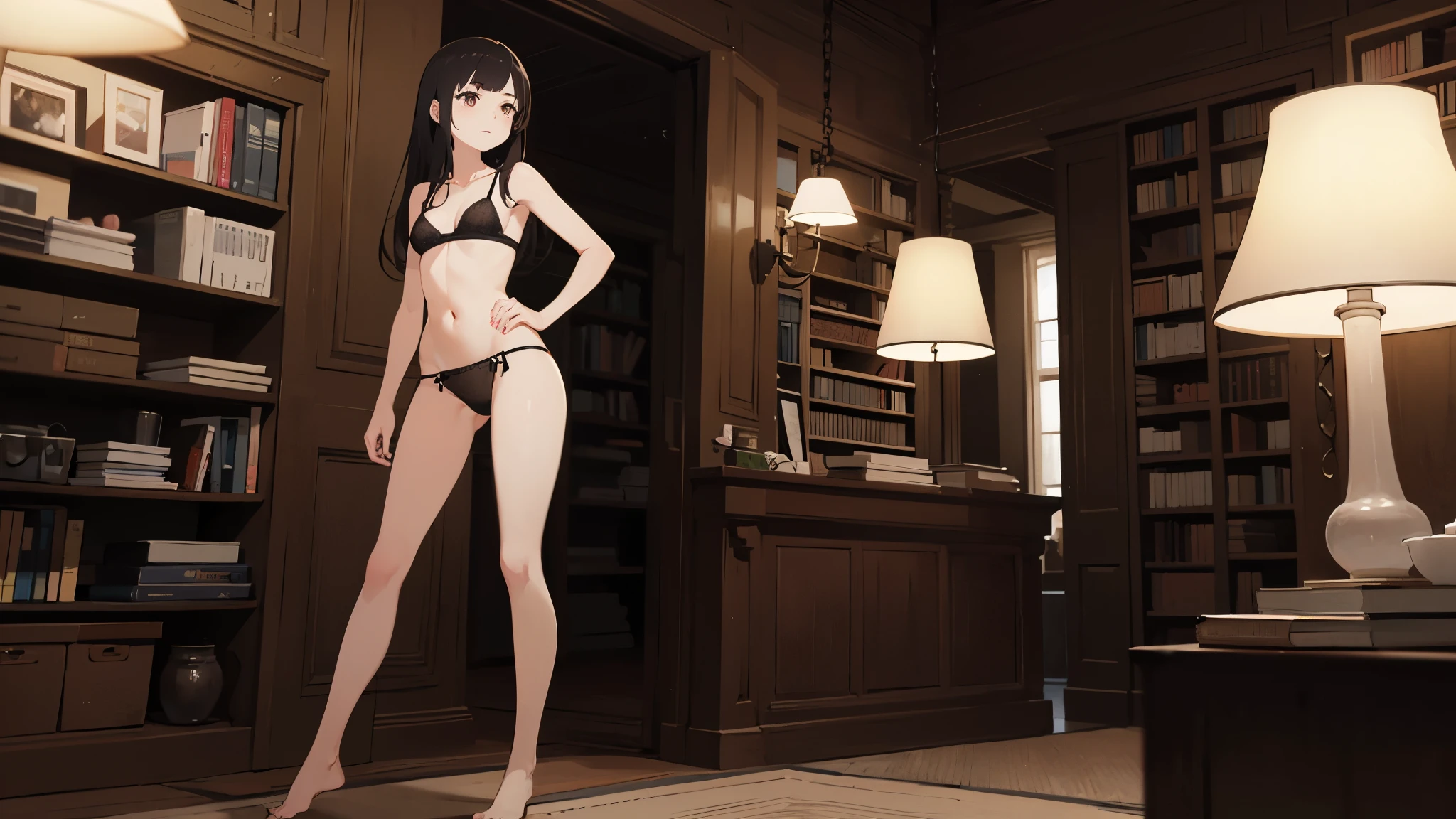 anime girl, 18 years old, long black hair, small breasts, black bra, black panties, bare feet, library, bookcases, standing, dramatic lighting, Rembrandt lighting, cinematic lighting, evening, nighttime