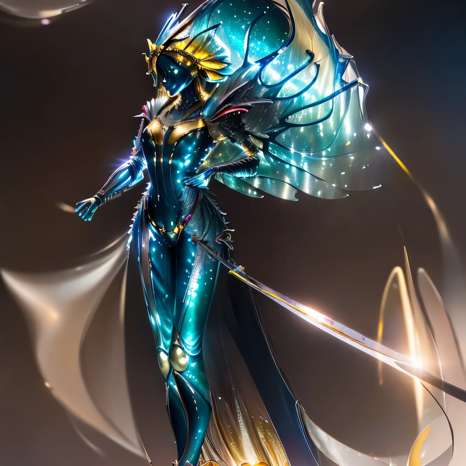 ファンタジー風の全身鎧を着たwoman, A fully enclosed helmet with a crown concept that only exposes the eyes., glassy、composite layered chest plate, Fully wraps the shoulder guard and hand guard, lightweight lumbar armor, Perfect fit shin guard, Overall design is sturdy yet flexible, (armor shines gold, Complemented by red and blue accents), gives off a noble aura, She is floating above a fantastic and surreal high-tech city, This character is、Elaborately crafted fantasy and surreal style armored heroes embody in anime style。, Exquisite and mature manga art style, (A combination of queen bee and spider concept armor., plasma), ((element, elegant, goddess, woman:1.5)), metallic, High resolution, highest quality, High resolution, super detailed, Ultra-fine painting, very delicate, Professional, anatomically correct, symmetrical face, highly detailed eyes and face, high quality eyes, creativity, RAW photo, Hmm, 32K, Natural light, cinematic lighting, masterpiece-anatomy-perfect, masterpiece:1.5