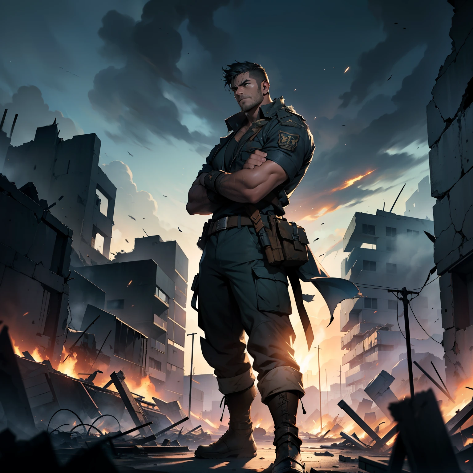 In the heart of a chaotic war scene, a man stands tall and proud, chest puffed out, arms crossed, and a determined look etched onto his battle-weary face. His heroic pose radiates strength and resilience amidst the ruin.

Surrounding him, cinematic explosions light up the night sky, each burst of fire and smoke illuminated by the blue tone lighting, casting long, dramatic shadows over the battlefield. The low lighting adds an atmosphere of intensity and danger.

The ground beneath the man's feet is unrecognizable, covered in rubble and debris from destroyed buildings. Hyper-detailed, the shattered remains of the structures show every crack