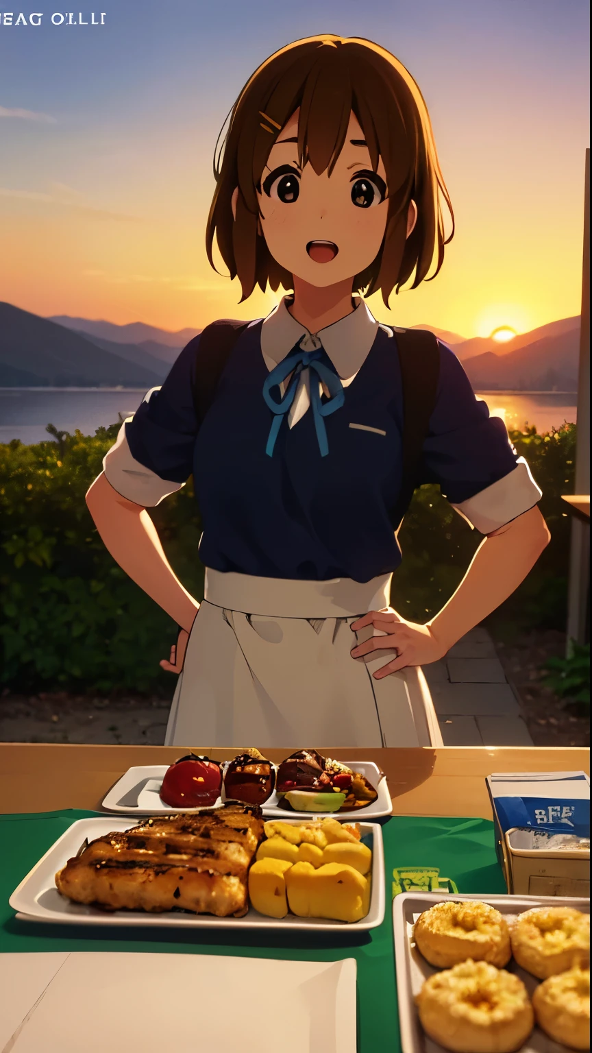 1girl, (((​masterpiece))), top-quality, top-quality, High Details, hirasawa yui, 1girl, Sakuragaoka High School Uniform, student clothes, maid cafe uniform, two-yellow hairpin, short hair, A brown-haired, brown-eyed, 独奏, reddish, thin blue ribbon, full body, full image, Camping by the lake, campfire, camping tent, camping cooking utensils, grilled meat, illustratio, comic strip, soothing tones, Subdued Color, Soft cinematic light, adobe lightroom, photolab, HDR, intricately and hyper-detailed、(((depth of fields))))。(((​masterpiece)))。(((top-quality))).)((ultra-detailliert)))。(((illustratio)))。(((takeout))).dynamic focus.big breasts.(((lake))).(((A mountain scape))).(((Face of happiness))). open mouth.(((put hands on the hip))).(((up chest))).((evening glow)).((the setting sun)).