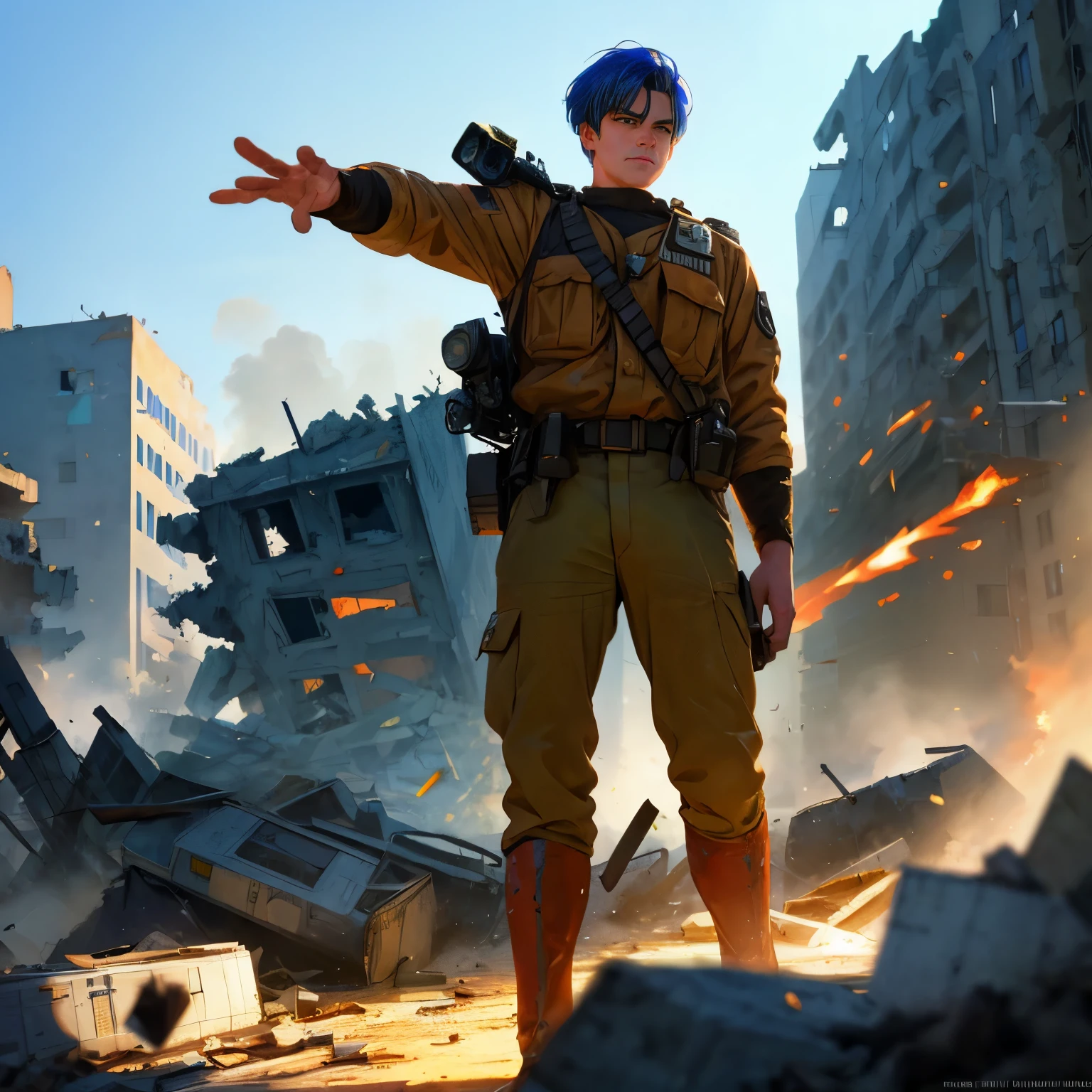 man in front of the camera in a heroic pose from a 90s film, in the background cinematic explosions, light in blue tones, low lighting, a war scene, rubble and destroyed buildings. hyper detailed