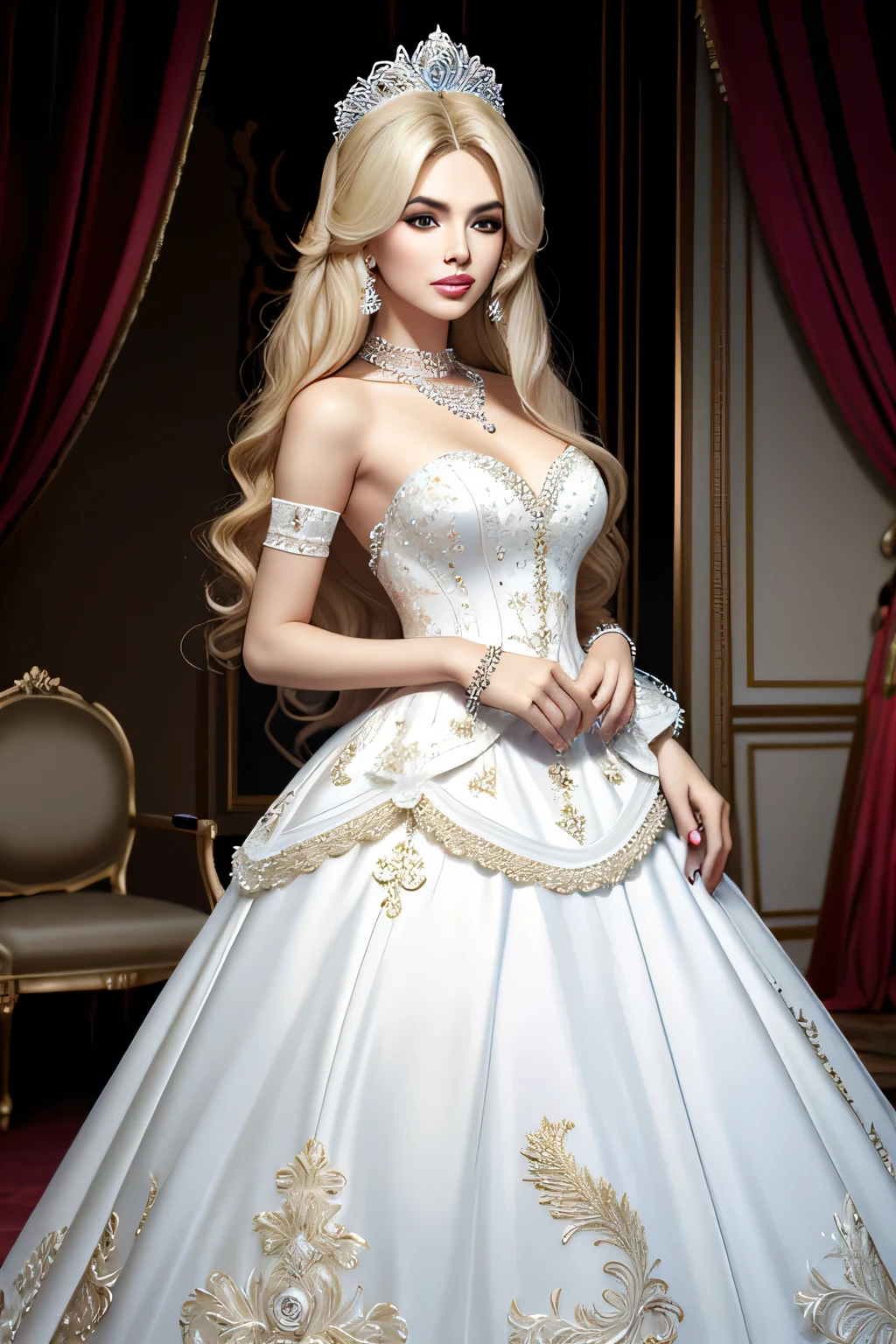 ((masterpiece, best quality,edge quality)) beautiful Arginine_miss,Arginine_Body,Arginine_Face, 芭比Face蛋，a miss with long hair [Pink prom dress|edge marquise], edge marquise, a miss with a blonde wig and a pearl necklace ,with a edge marquise_hairstyle, wearing a ballgown