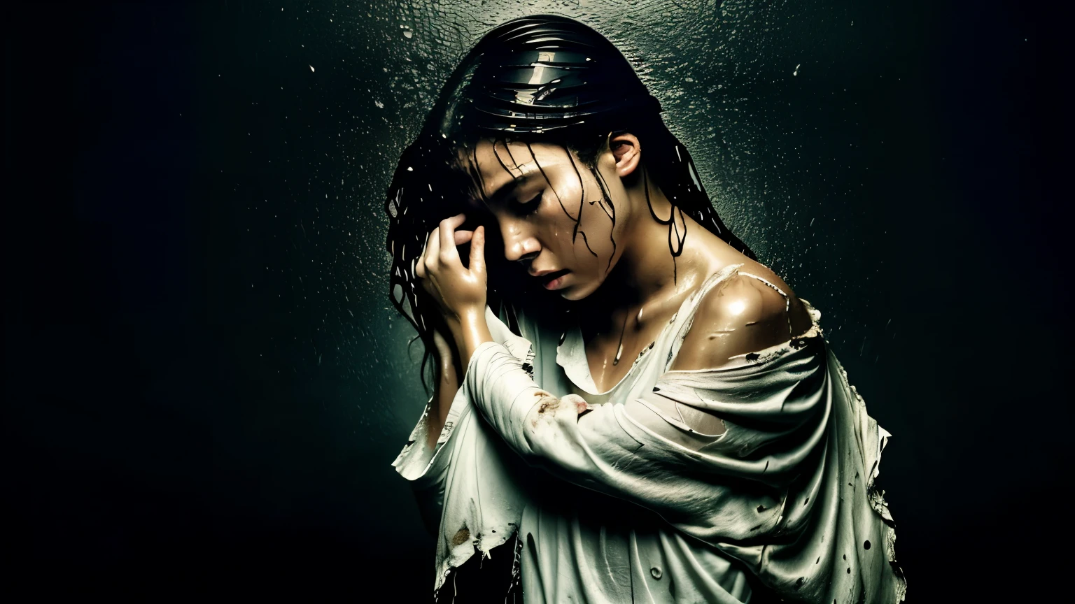 best image quality, masterpiece, ultra high resolution, (fidelity :1.4), photograph, 1 girl,[(sorrow)],white shirt, 薄dark, dark, Desperate, pity, pitiful, cinematic,tear,teardrop,(torn clothes:1.5), (wet clothes:1.4), bare shoulders,real rain,wet hair,..