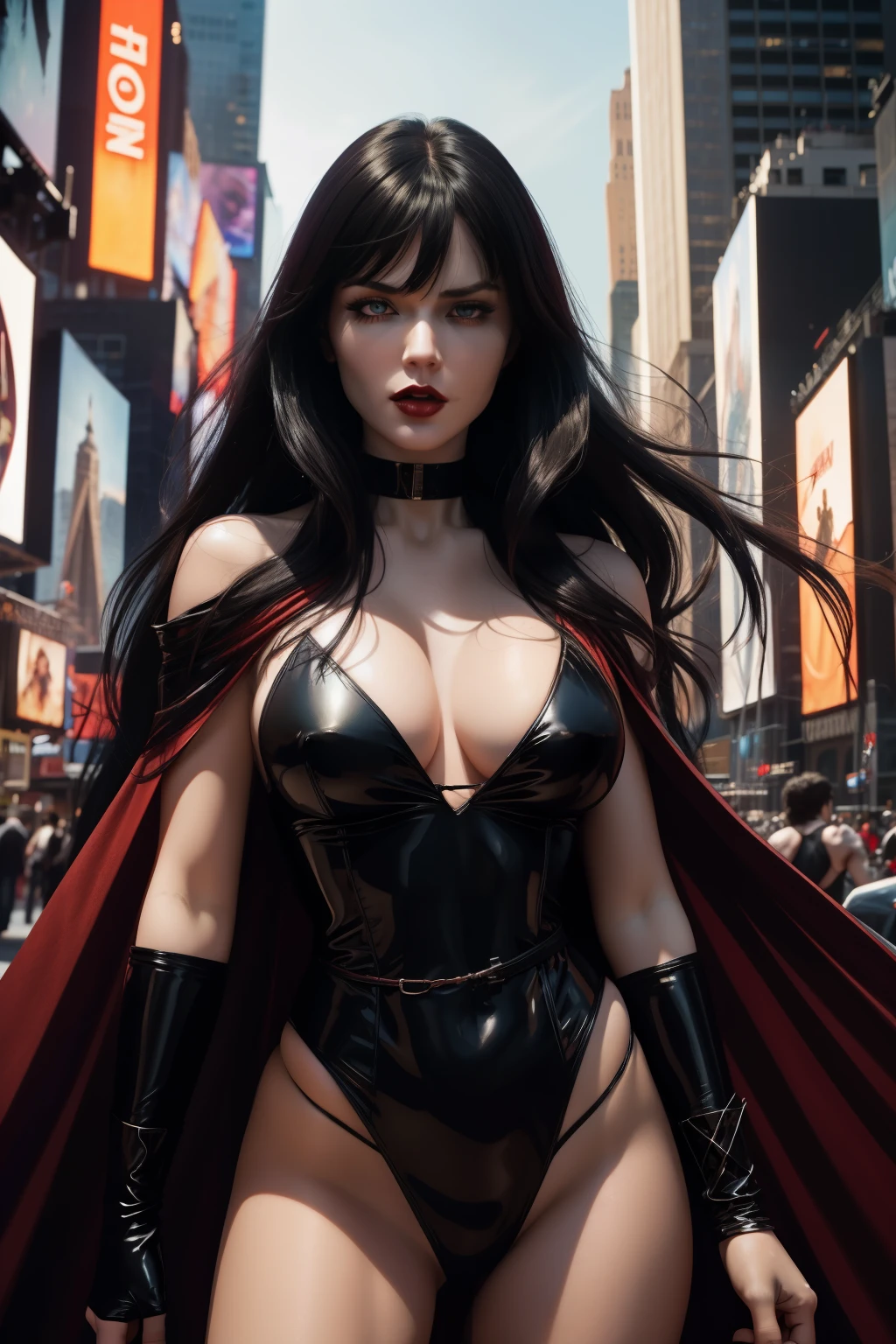 In New York City's Time Square, Vampirella is portrayed as an extremely attractive woman with long black hair, pale skin and mesmerizing red eyes. She wears a revealing outfit, which consists of a red bikini and a cape, combining sensuality with gothic elements, she is often portrayed as a strong, independent and determined character. She is a skilled and courageous beauty, facing many supernatural enemies and dangerous situations, she has a heroic streak. She fights to protect humanity from supernatural threats and evil villains, using her vampiric abilities to fight evil. The complexities make her an intriguing and multifaceted figure. (best quality: 1.0), (Ultra Highres: 1.0), highly detailed face and eyes, (photorealistic: 1.2)