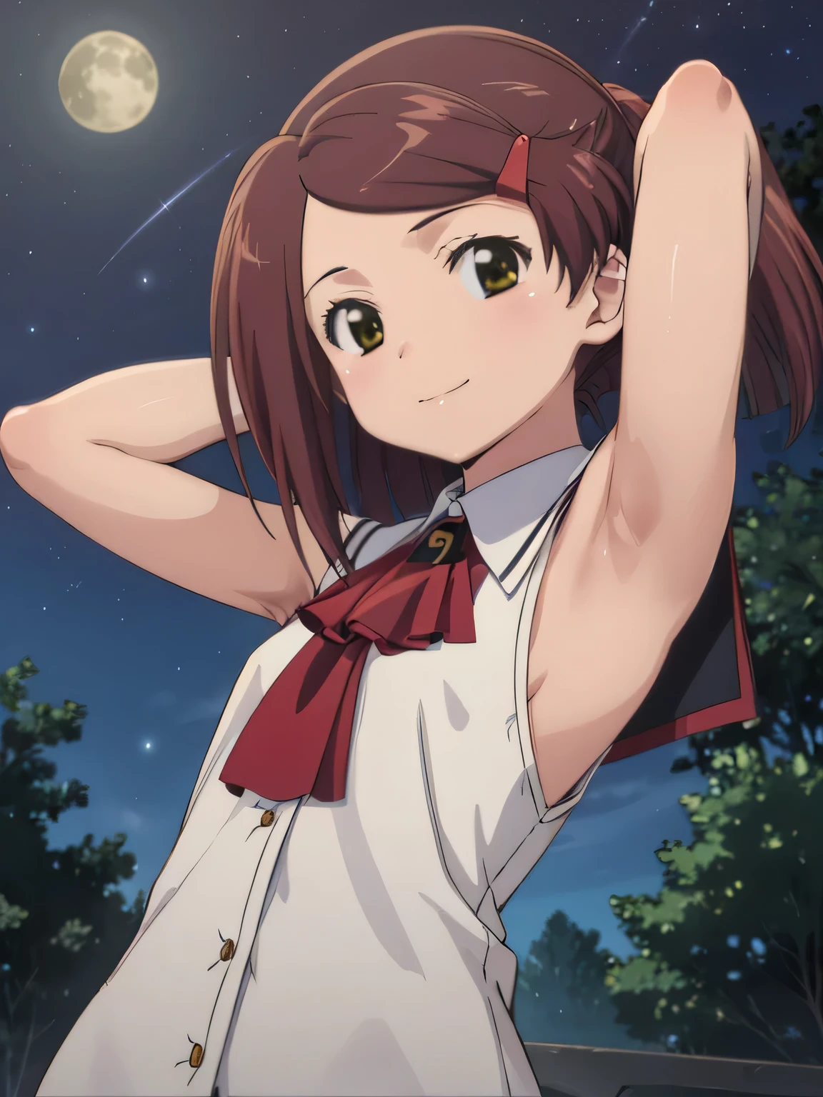 solo, 1girl, looking at viewer, flat colors, 2D, anime, anime coloring, closed mouth, small smile, solo, night sky, forest, {arms behind head}, contrapposto, spread armpits, ako suminoe, ascot, school uniform, smile, looking at viewer, upper body,