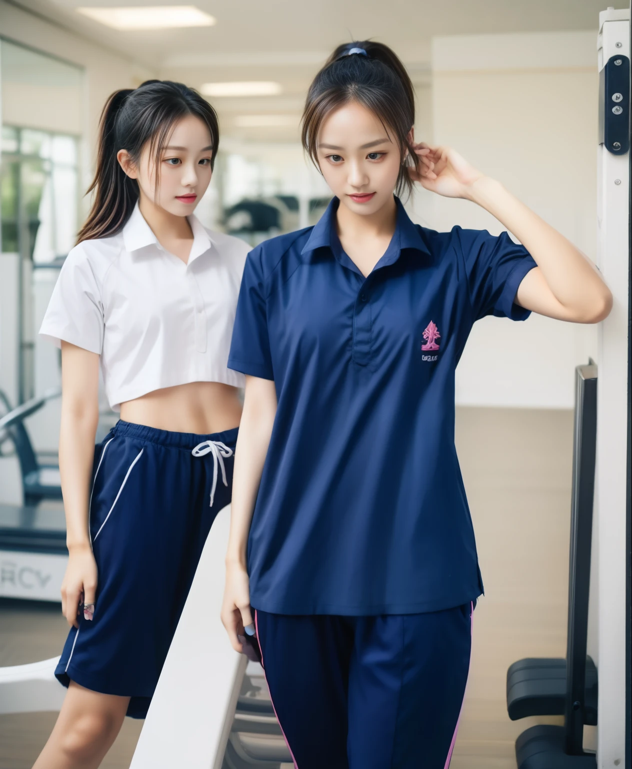 3 girls in fitness center, Blue short sleeve shirt,Sweatpantsขายาวสีกรมท่า,Sweatpants, Sweatpantsขายาว,25 year old girl, lesbian, sexy, exercise clothes, wet body, exercise clothes