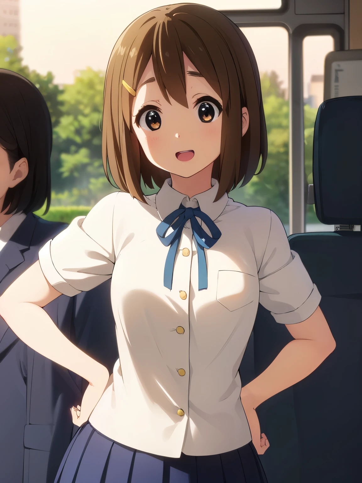 1girl, (((masterpiece))), top-quality, top-quality, High Details, hirasawa yui, 1girl, Sakuragaoka High School Uniform, student clothes, maid cafe uniform, two-yellow hairpin, short hair, A brown-haired, brown-eyed, 独奏, reddish, thin blue ribbon, Solid white buttoned shirt under blazer, illustratio, comic strip, soothing tones, Subdued Color, Soft cinematic light, adobe lightroom, photolab, HDR, intricately and hyper-detailed、(((depth of fields))))。(((masterpiece)))。(((top-quality))).)((ultra-detailliert)))。(((illustratio)))。(((takeout))).dynamic focus.big breasts.(((bus))).(((A bus))).(((Face of happy))). open mouth.(((put hands on the hip))).(((up chest))).((morning glow)).((the setting sun)).